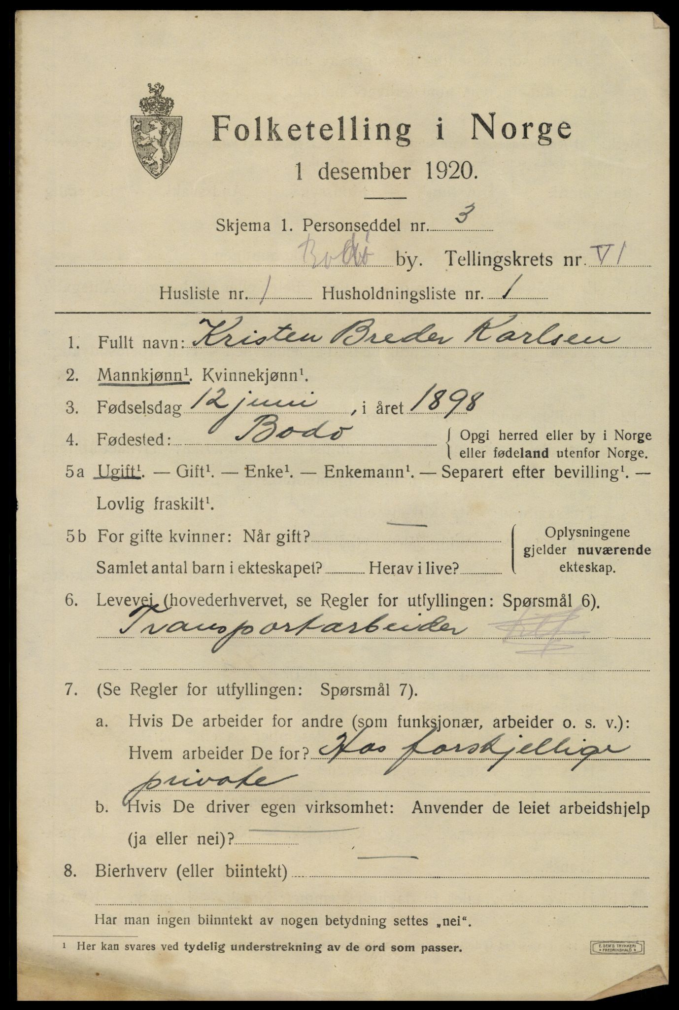 SAT, 1920 census for Bodø, 1920, p. 9439