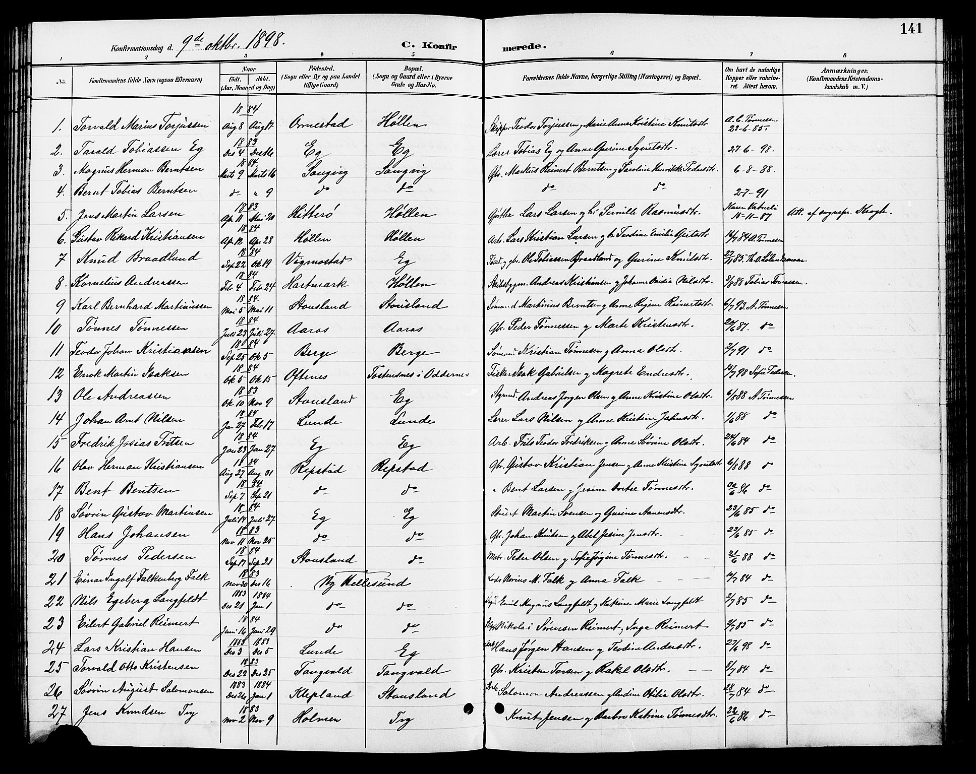 Søgne sokneprestkontor, SAK/1111-0037/F/Fb/Fbb/L0006: Parish register (copy) no. B 6, 1892-1911, p. 141