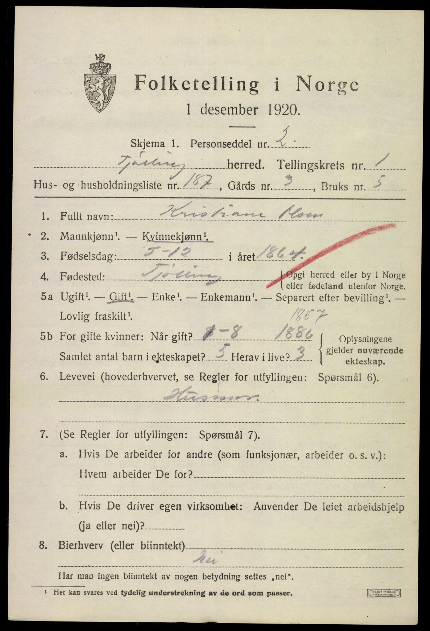 SAKO, 1920 census for Tjølling, 1920, p. 3697