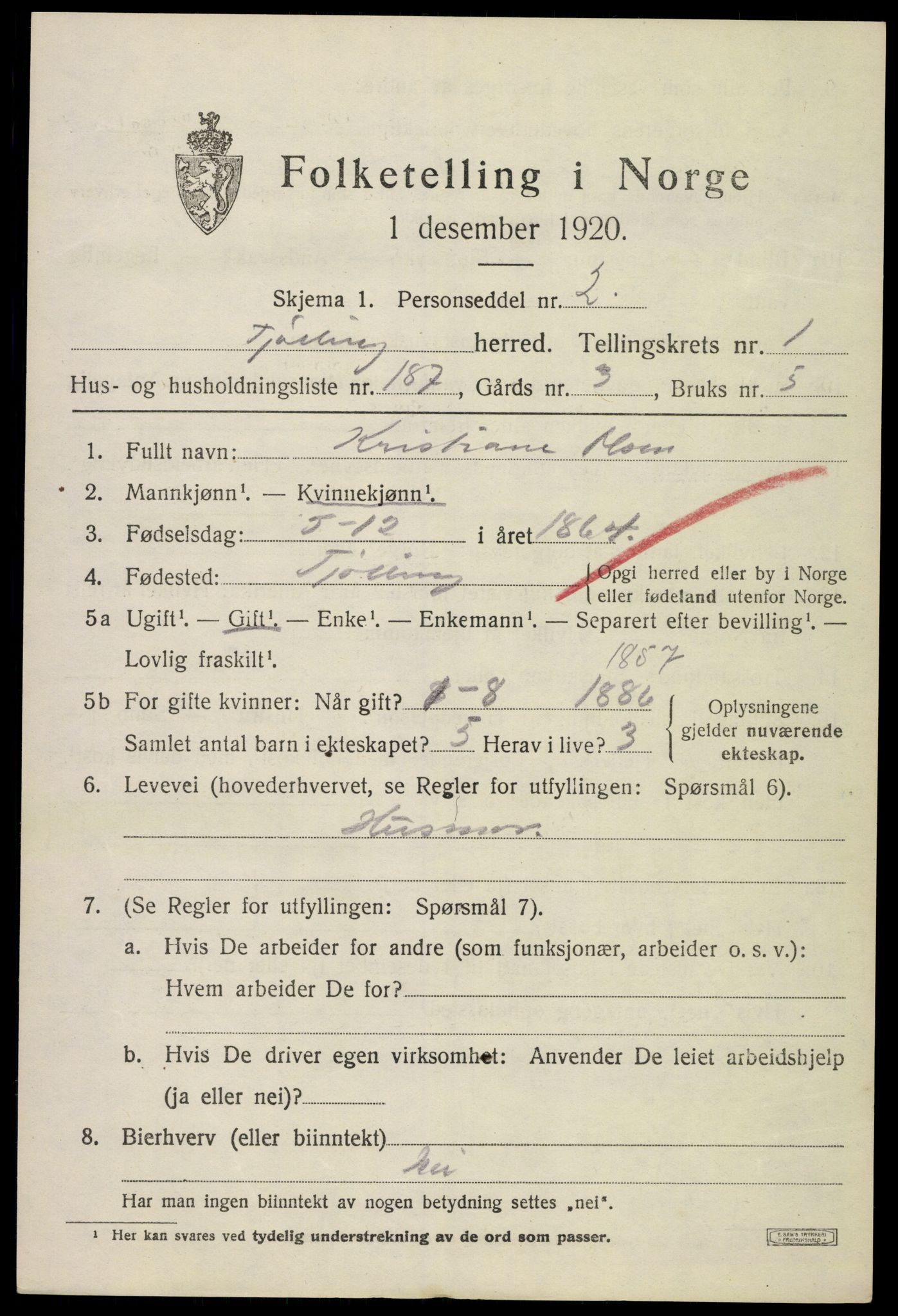 SAKO, 1920 census for Tjølling, 1920, p. 3697