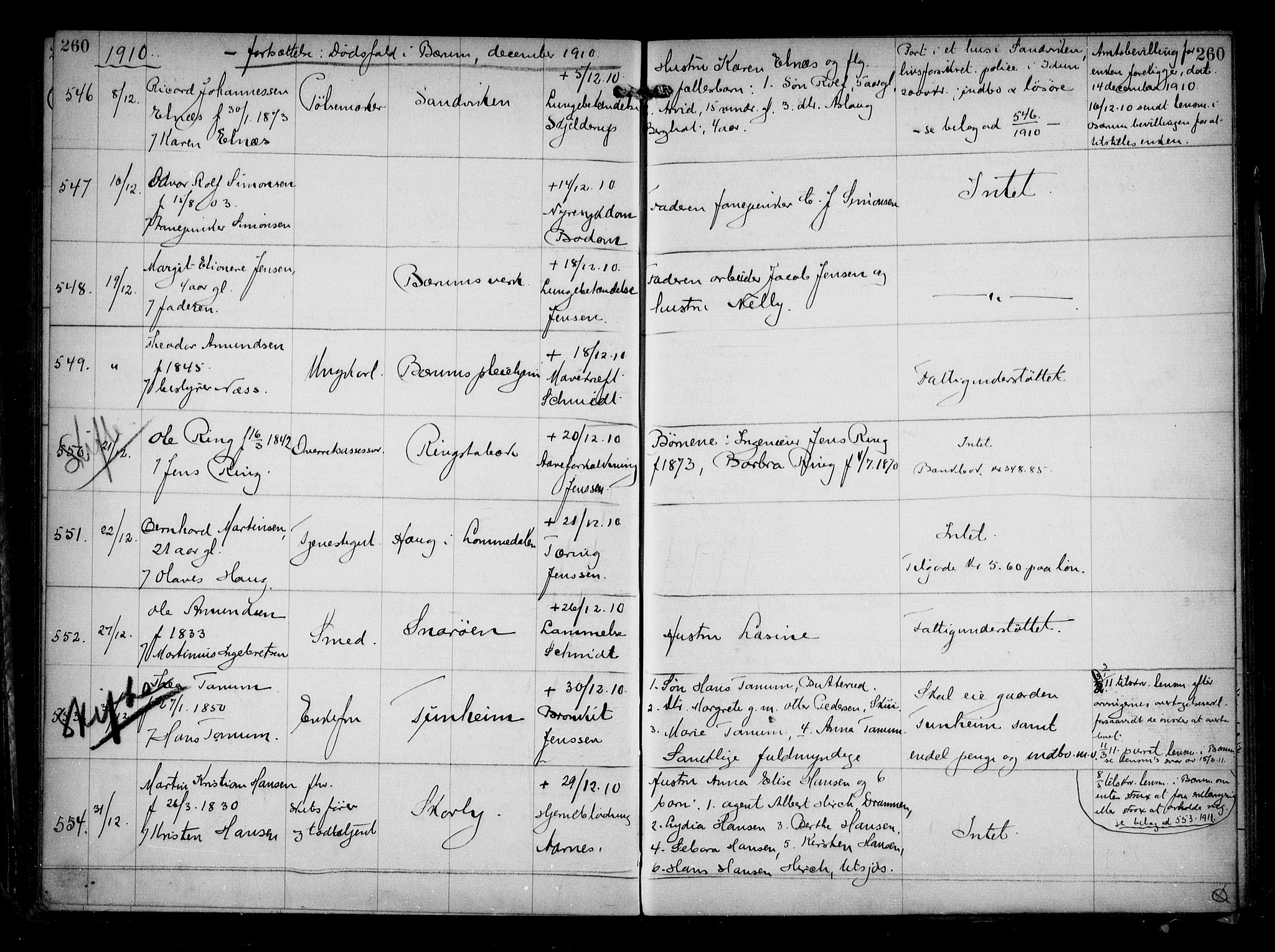 Aker kriminaldommer, skifte- og auksjonsforvalterembete, AV/SAO-A-10452/H/Hb/Hba/Hbaa/L0002: Dødsfallsprotokoll, 1907-1912, p. 260