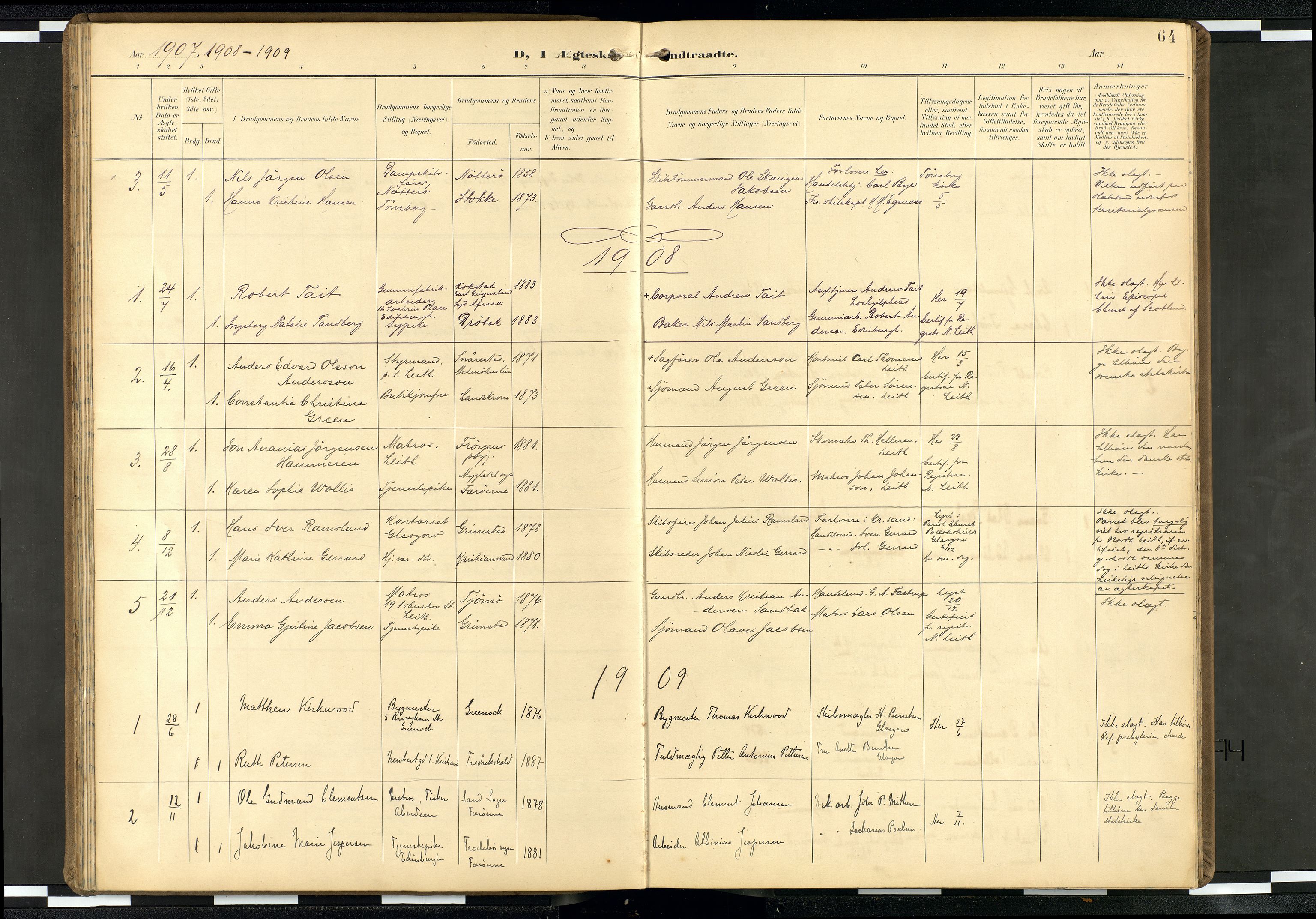 Den norske sjømannsmisjon i utlandet/Skotske havner (Leith, Glasgow), SAB/SAB/PA-0100/H/Ha/Haa/L0004: Parish register (official) no. A 4, 1899-1949, p. 63b-64a