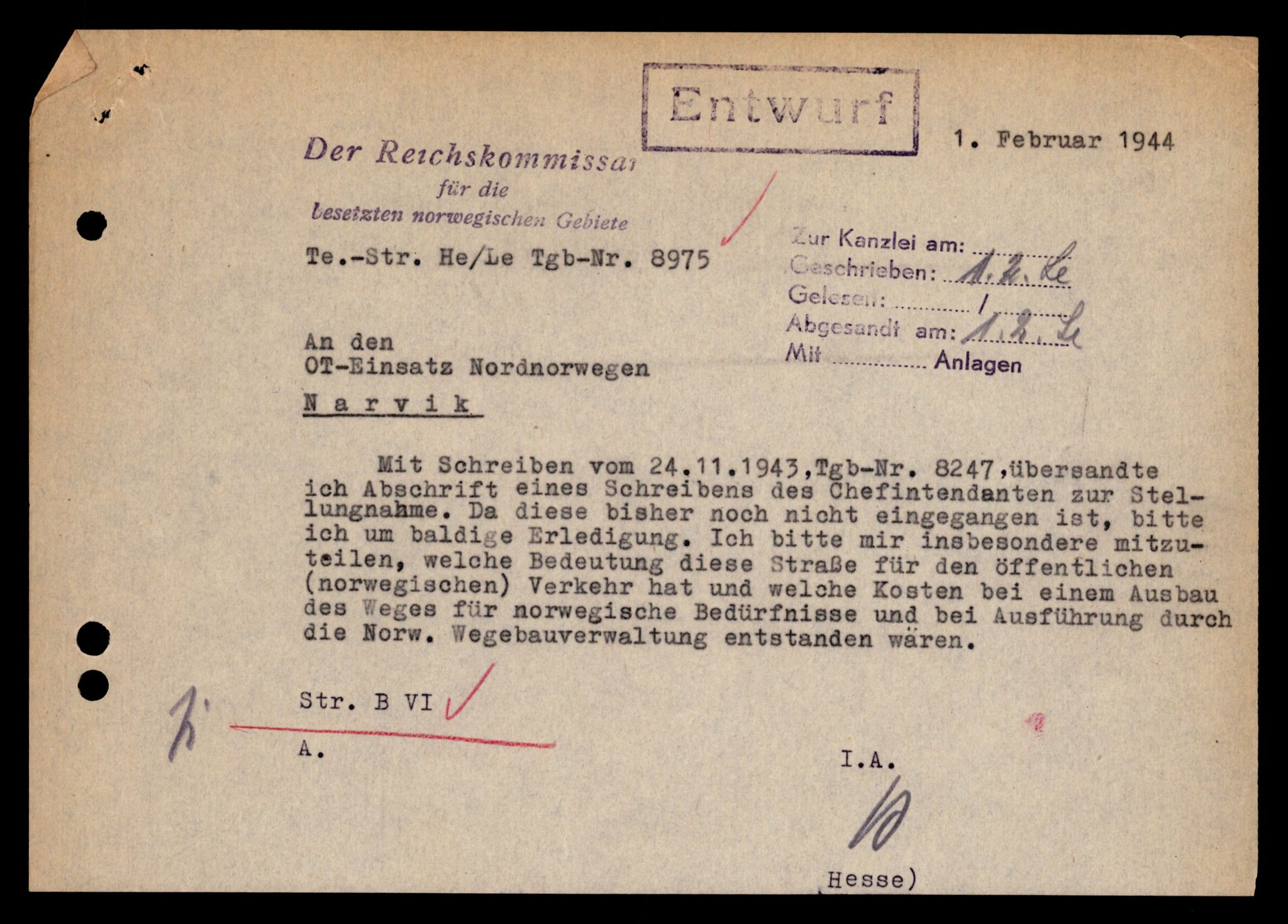 Forsvarets Overkommando. 2 kontor. Arkiv 11.4. Spredte tyske arkivsaker, AV/RA-RAFA-7031/D/Dar/Darb/L0001: Reichskommissariat - Hauptabteilung Technik und Verkehr, 1940-1944, p. 279
