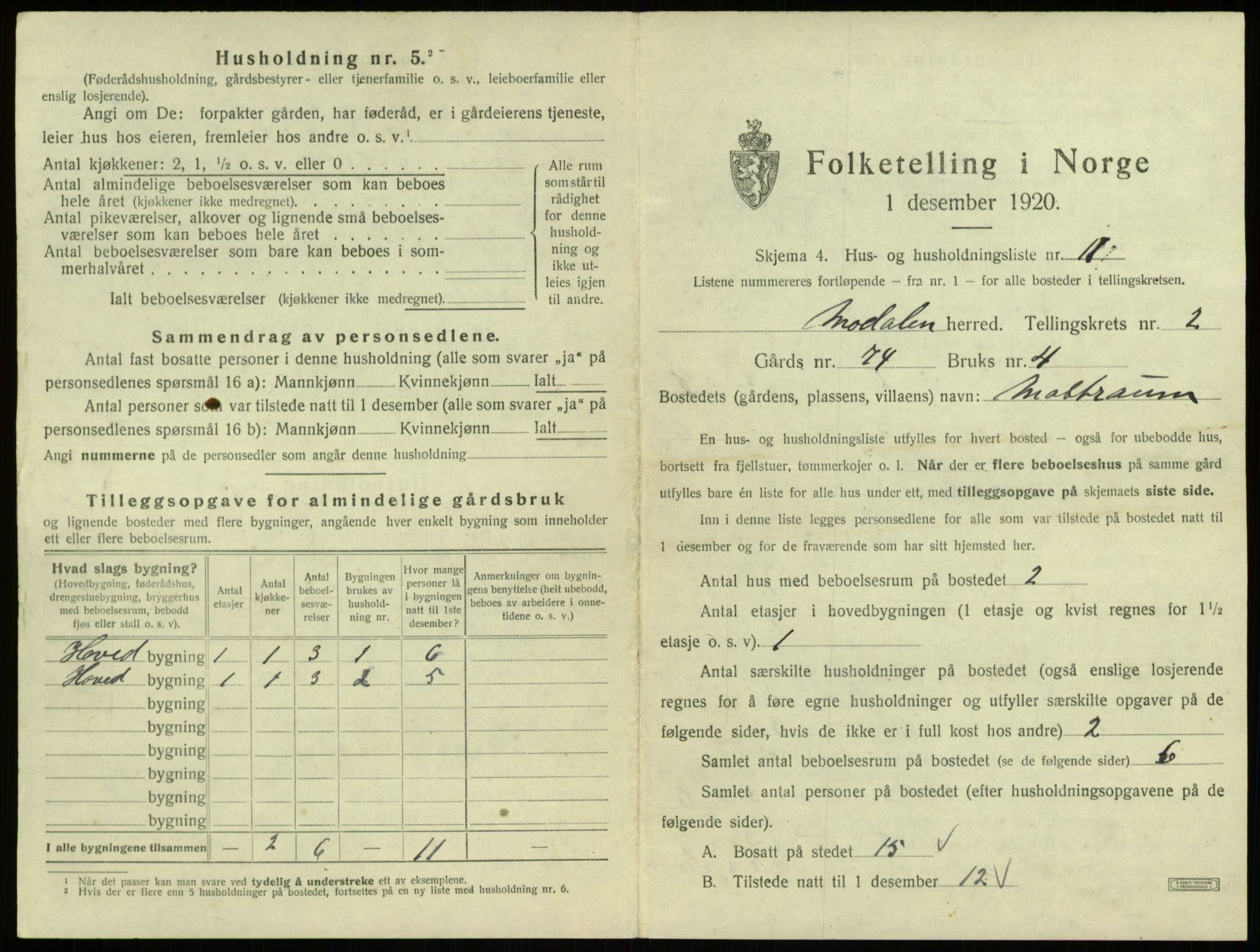 SAB, 1920 census for Modalen, 1920, p. 70