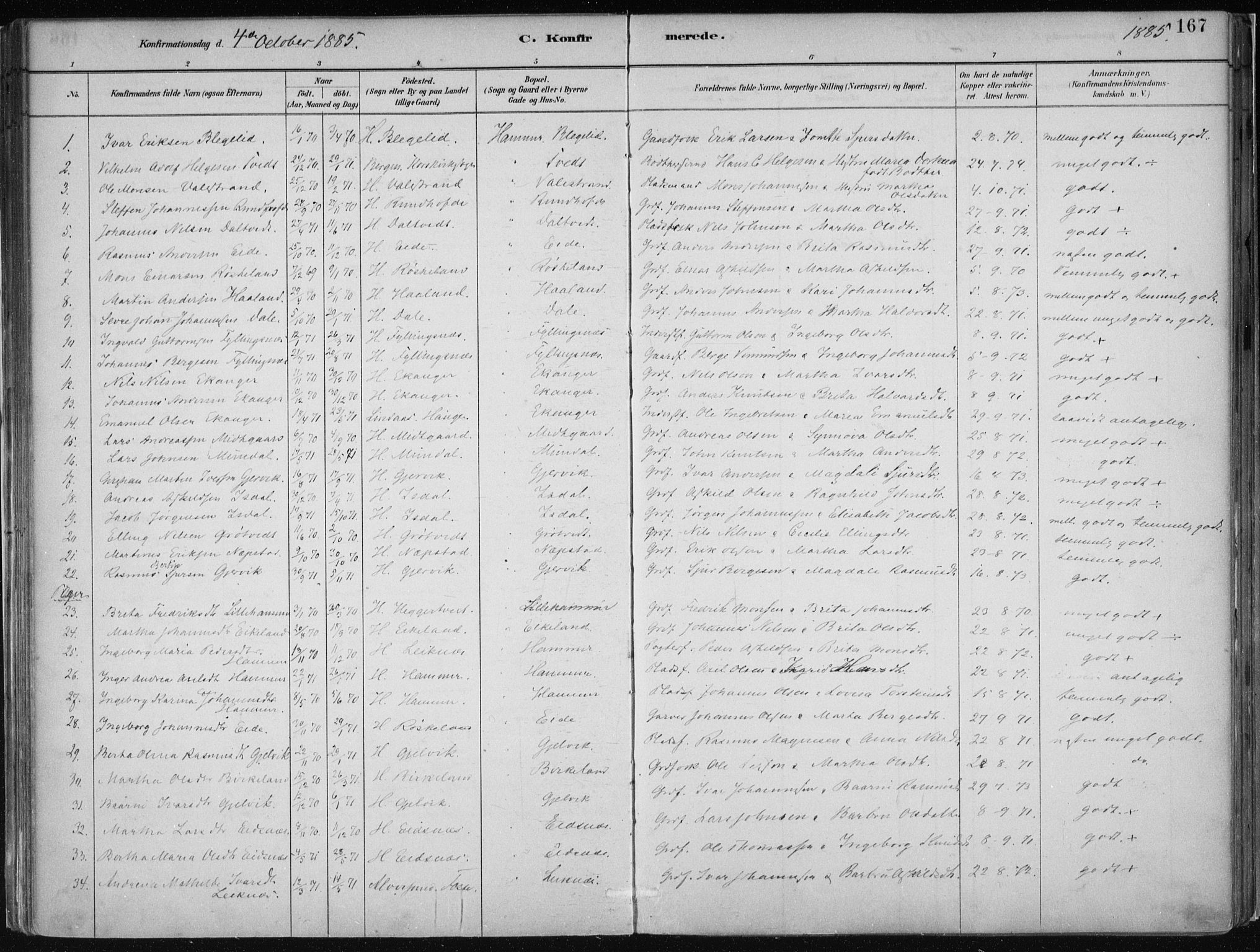 Hamre sokneprestembete, SAB/A-75501/H/Ha/Haa/Haab/L0001: Parish register (official) no. B  1, 1882-1905, p. 167