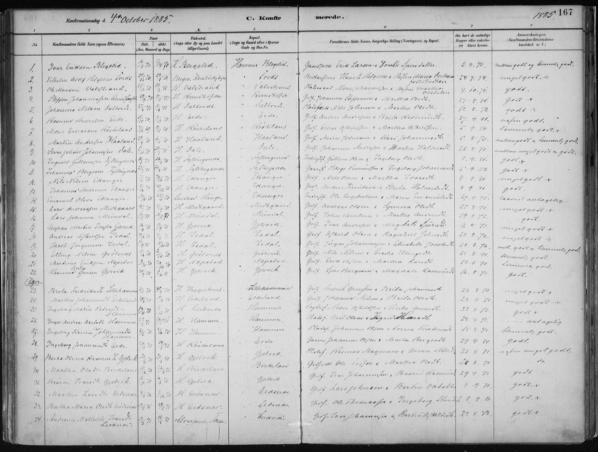 Hamre sokneprestembete, AV/SAB-A-75501/H/Ha/Haa/Haab/L0001: Parish register (official) no. B  1, 1882-1905, p. 167