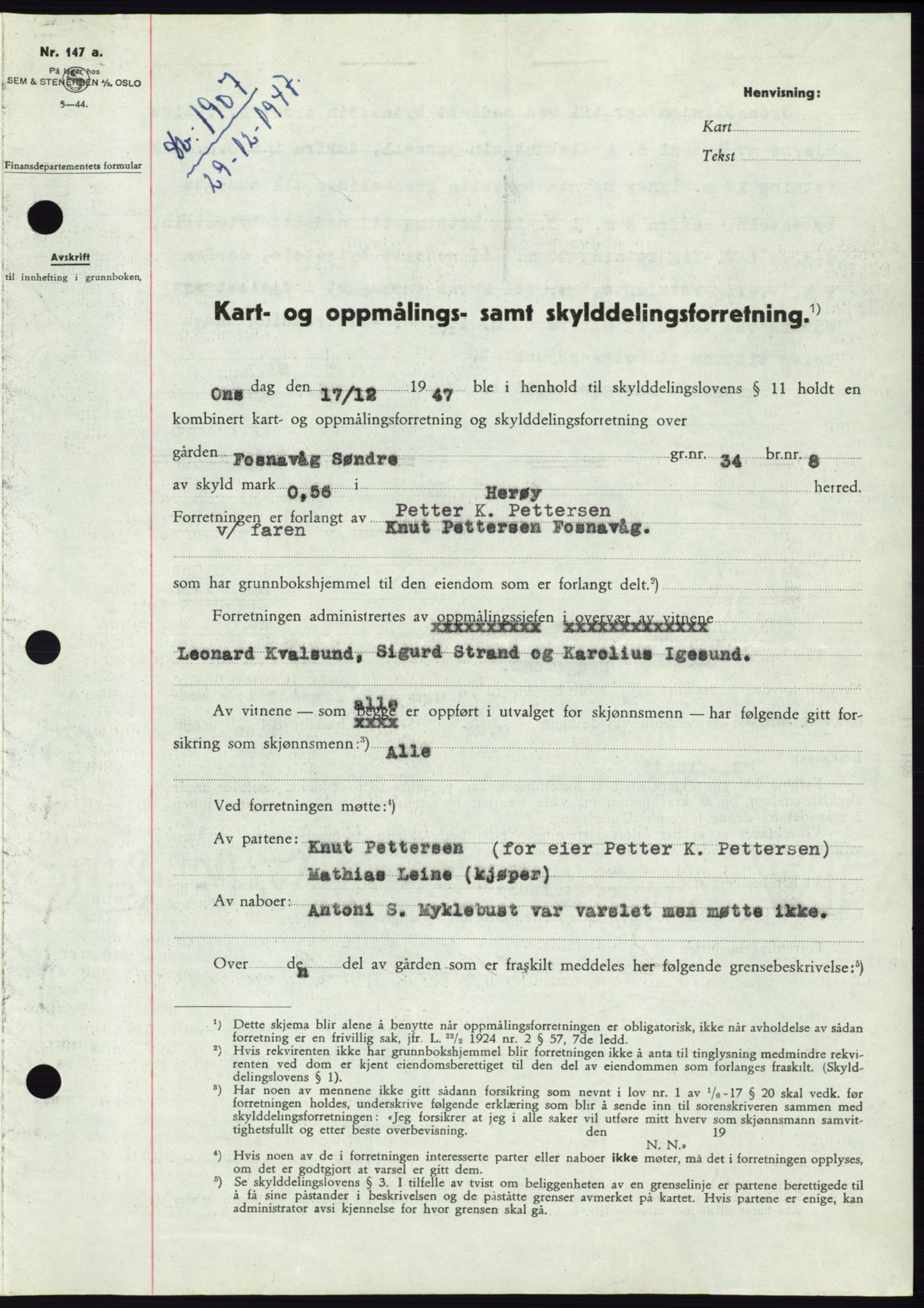 Søre Sunnmøre sorenskriveri, AV/SAT-A-4122/1/2/2C/L0081: Mortgage book no. 7A, 1947-1948, Diary no: : 1907/1947