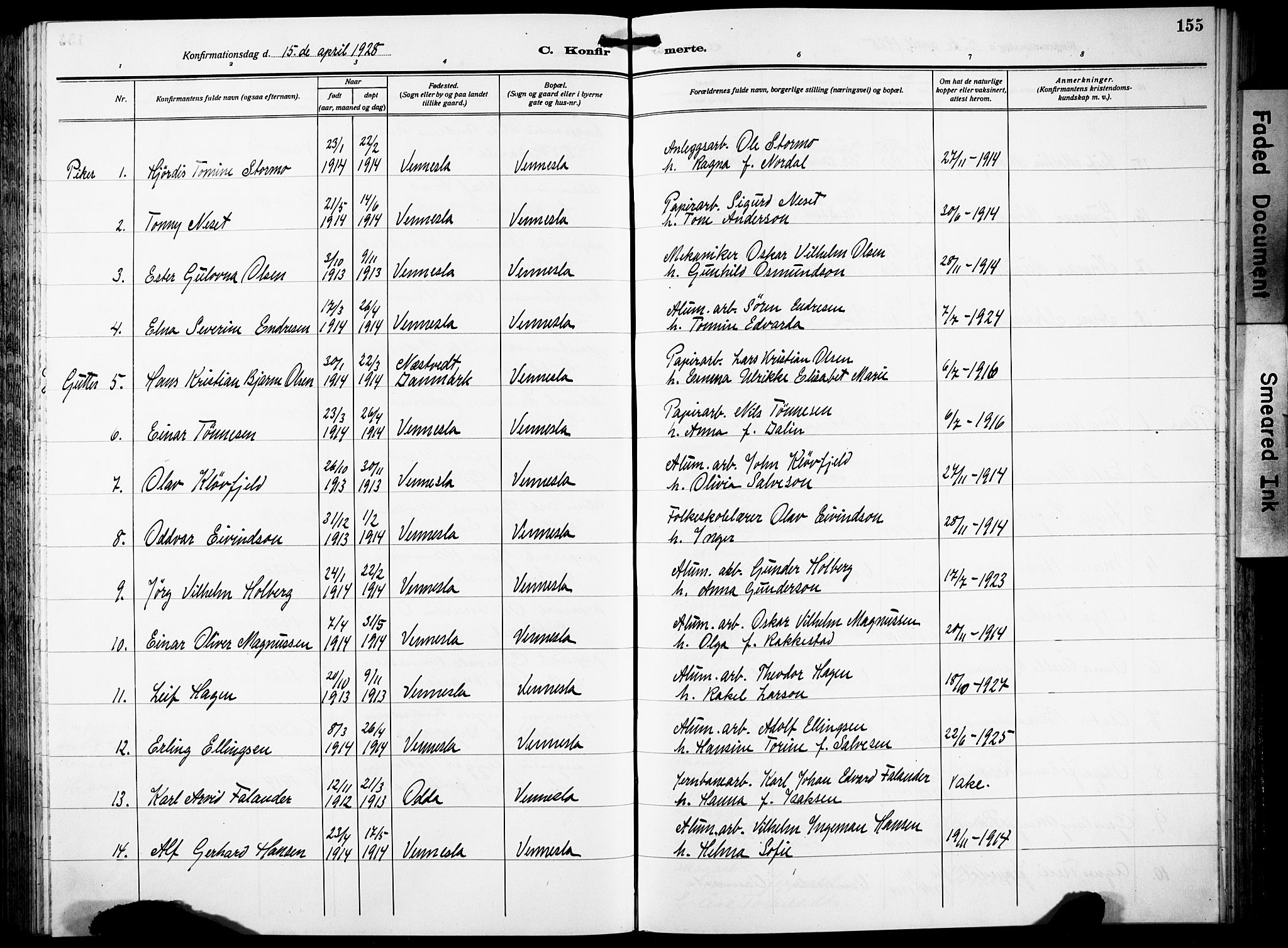 Vennesla sokneprestkontor, AV/SAK-1111-0045/Fb/Fbb/L0007: Parish register (copy) no. B 7, 1922-1933, p. 155