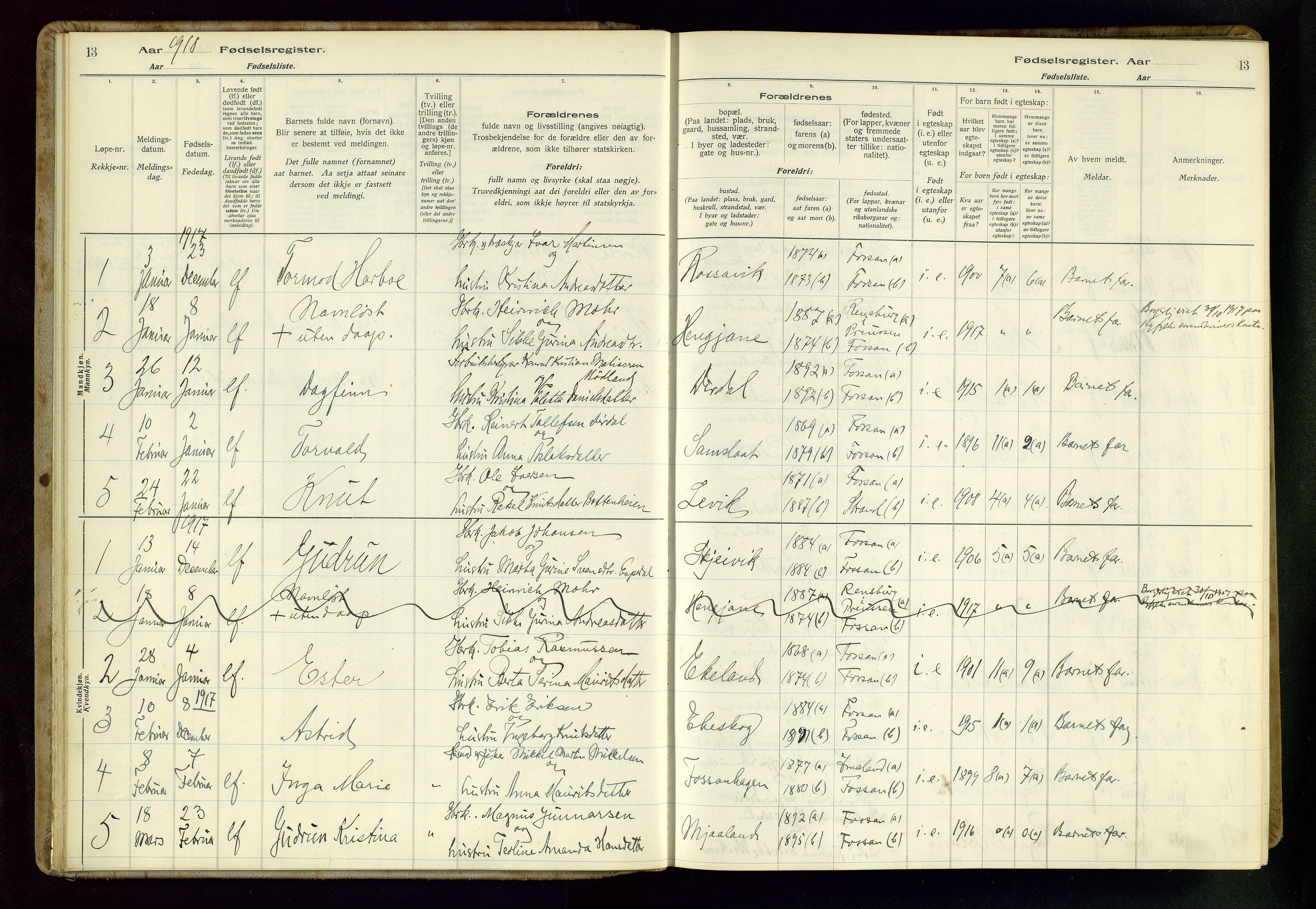 Høgsfjord sokneprestkontor, SAST/A-101624/I/Id/L0002: Birth register no. 2, 1916-1959, p. 13