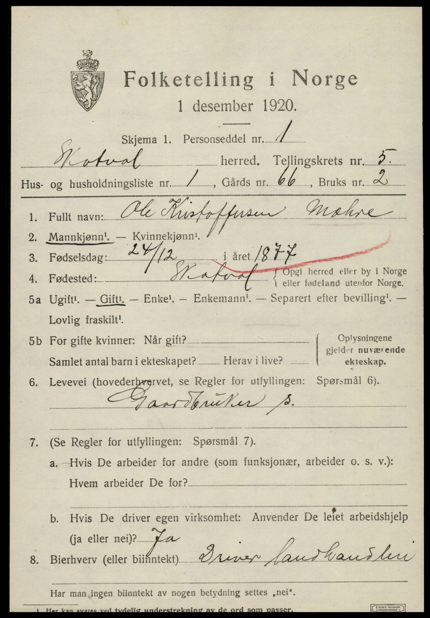 SAT, 1920 census for Skatval, 1920, p. 3505