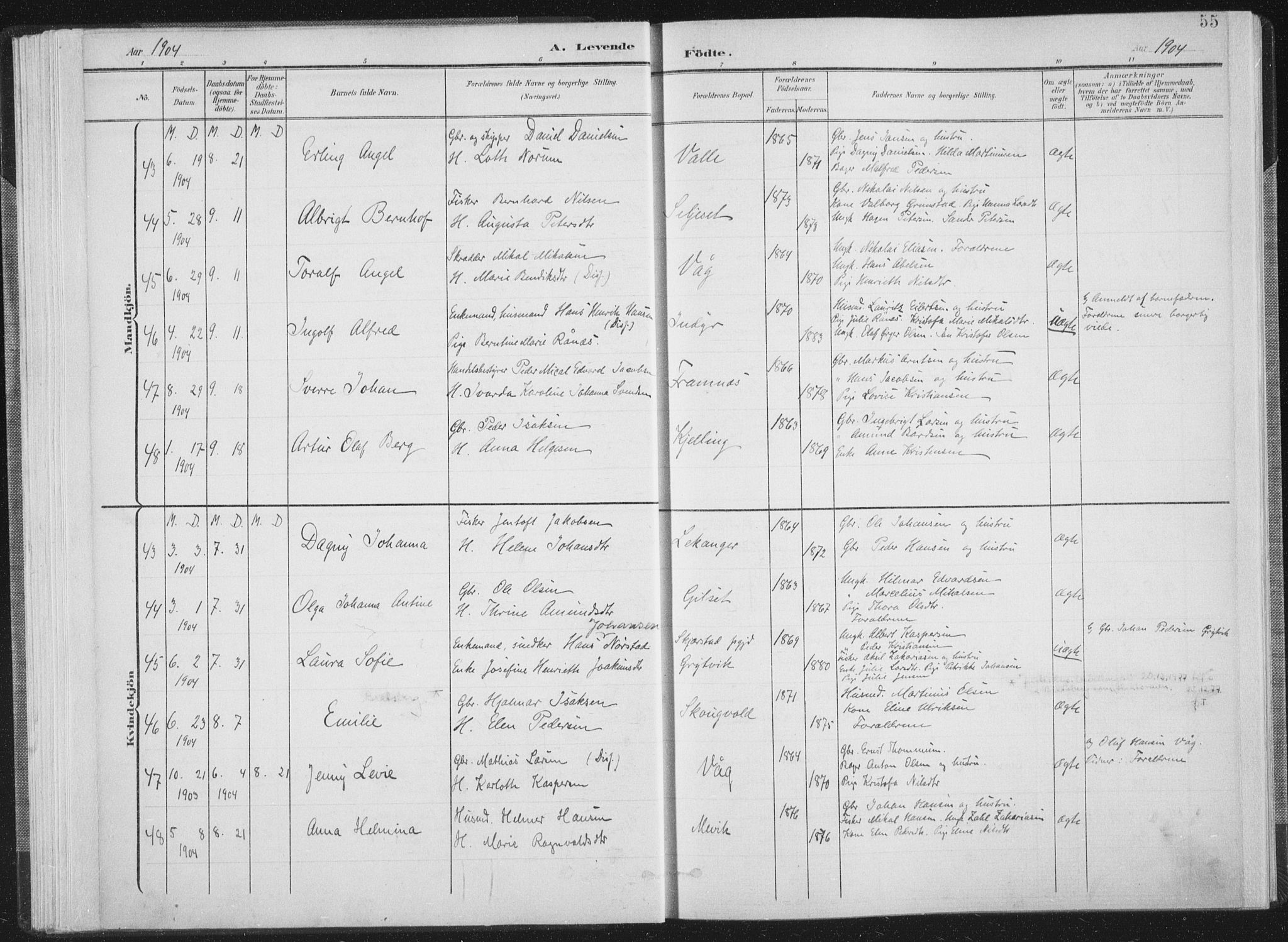 Ministerialprotokoller, klokkerbøker og fødselsregistre - Nordland, AV/SAT-A-1459/805/L0102: Parish register (official) no. 805A08I, 1900-1909, p. 55