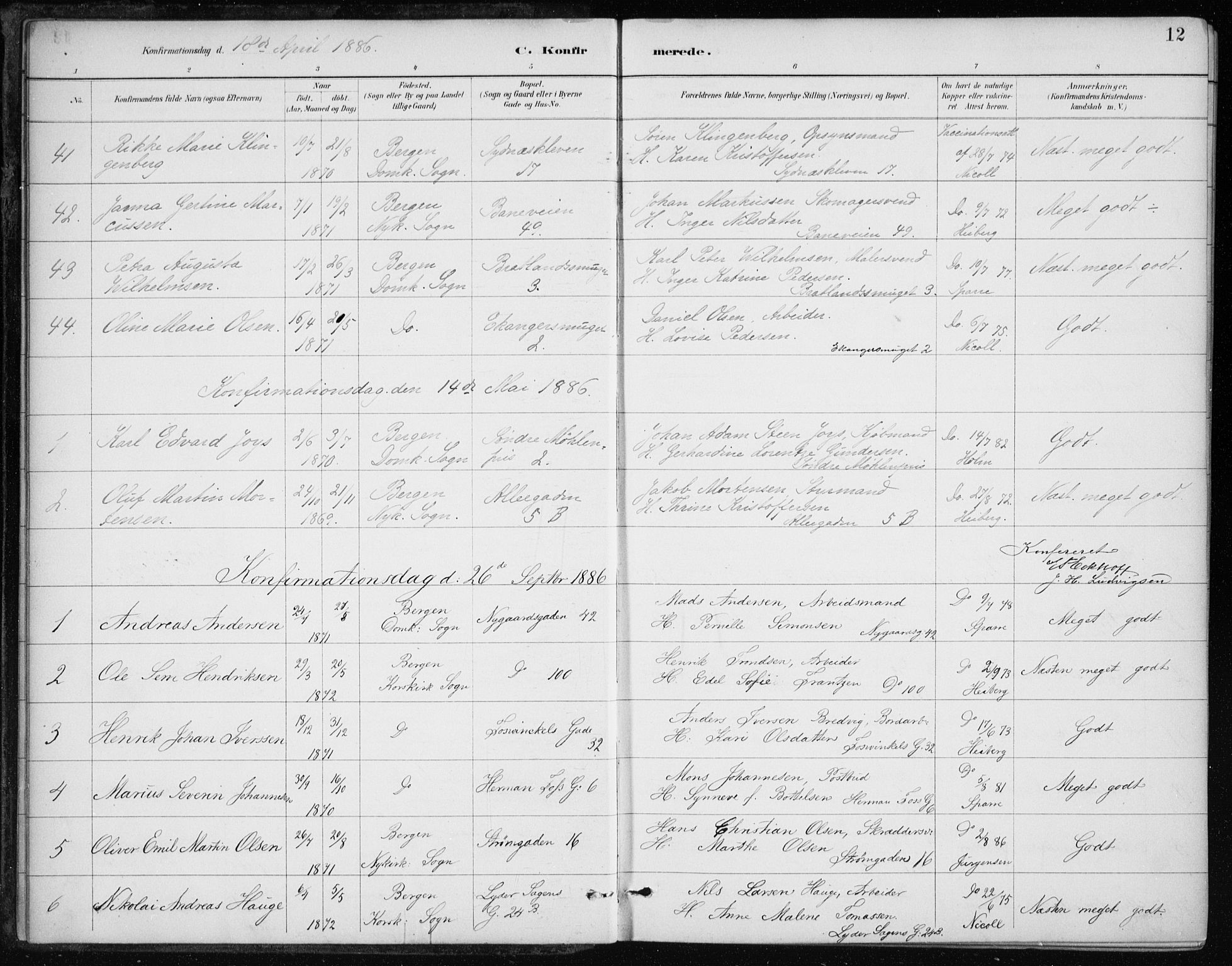 Johanneskirken sokneprestembete, SAB/A-76001/H/Haa/L0008: Parish register (official) no. C 1, 1885-1907, p. 12