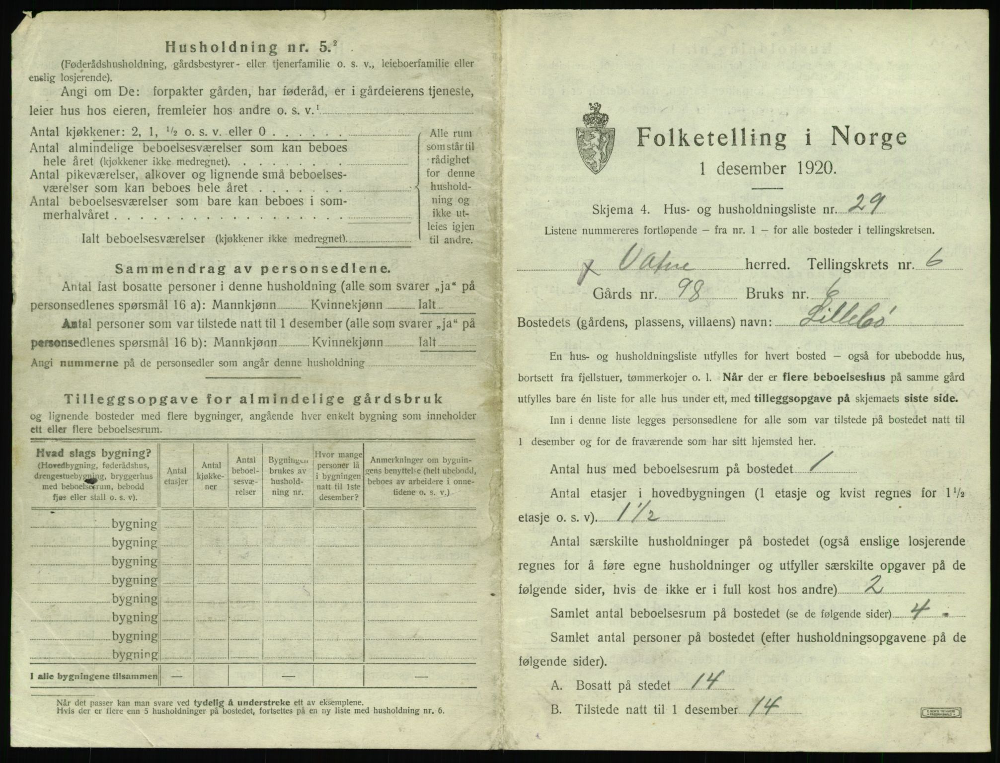 SAT, 1920 census for Vatne, 1920, p. 420