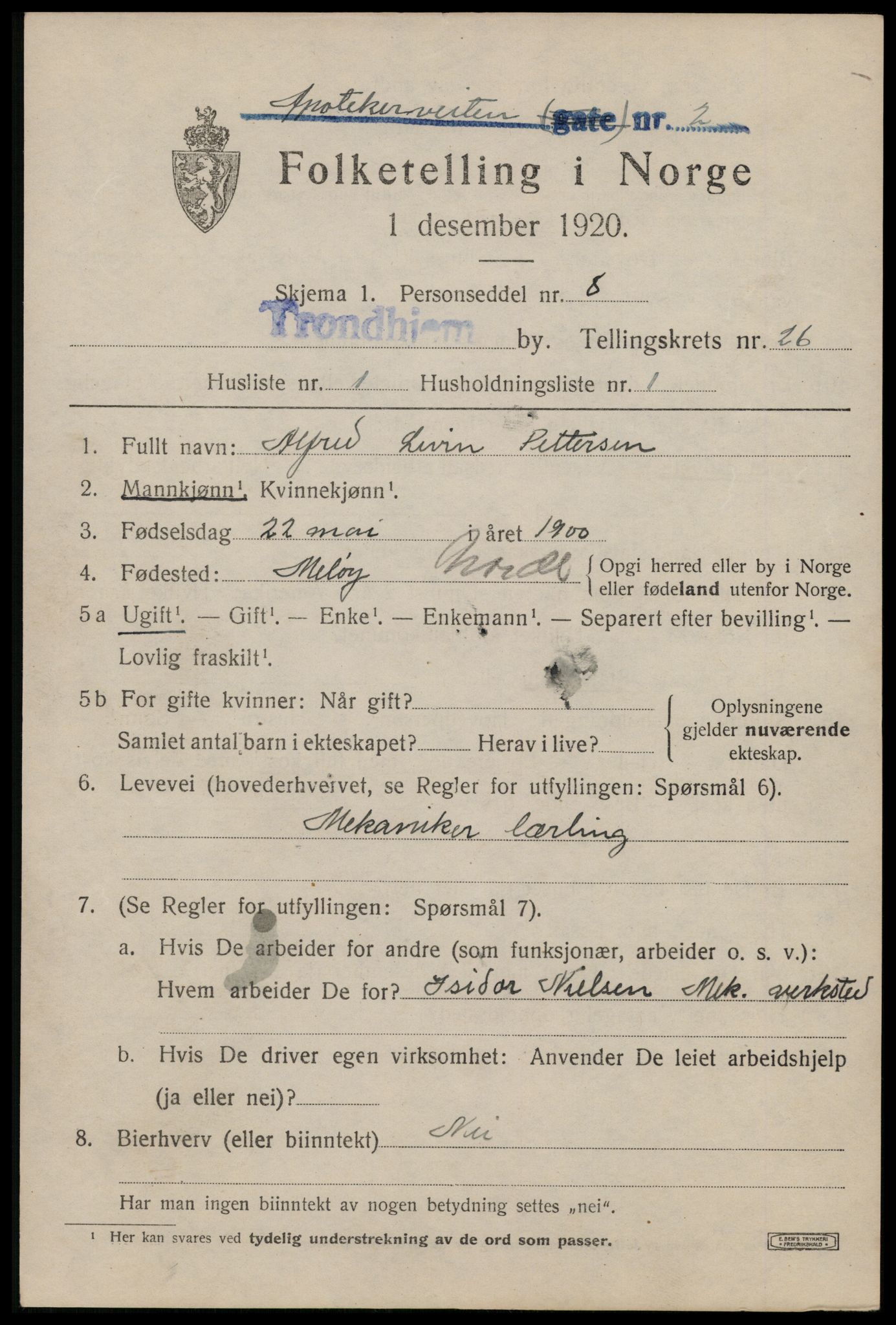 SAT, 1920 census for Trondheim, 1920, p. 68348