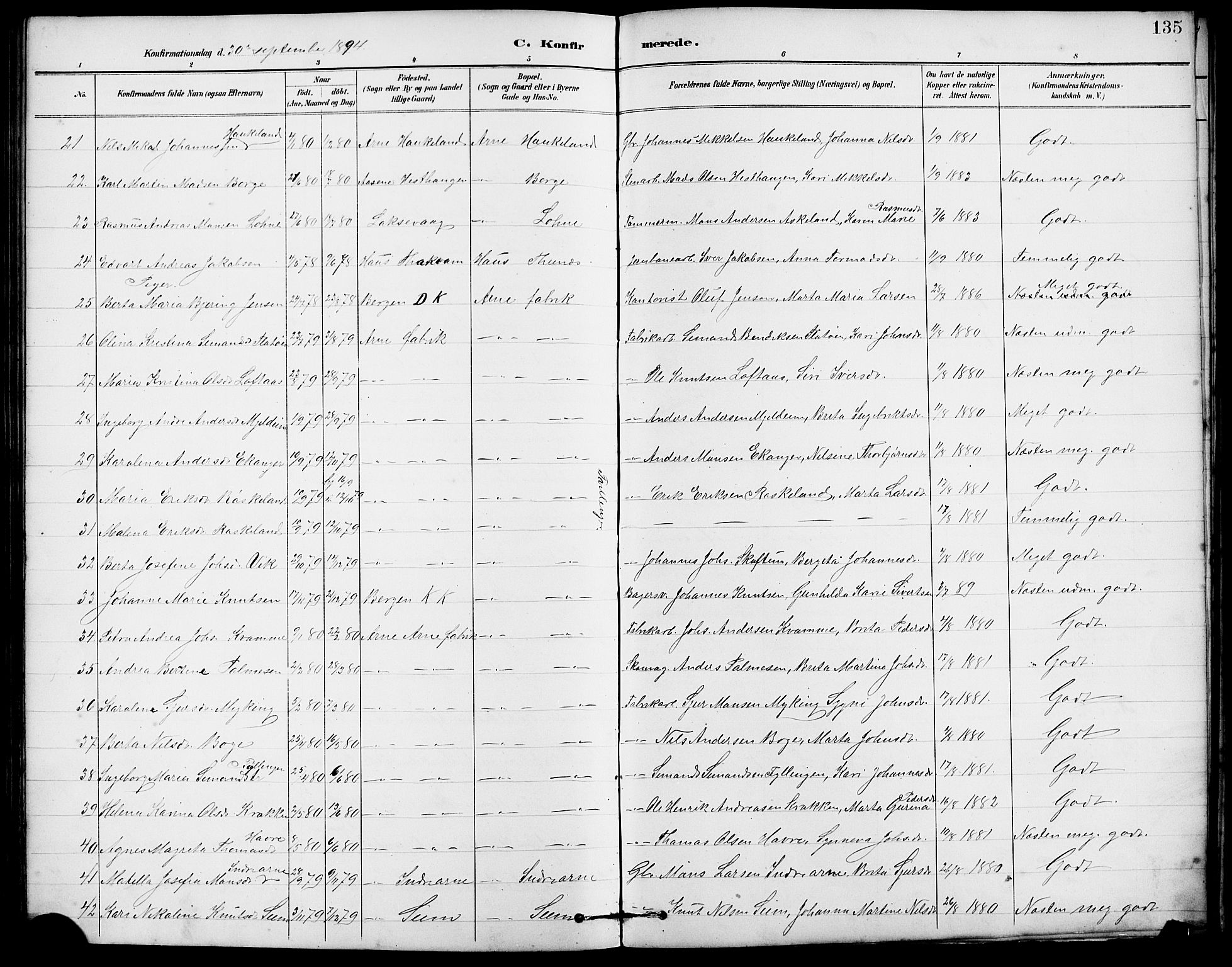 Arna Sokneprestembete, AV/SAB-A-74001/H/Ha/Hab: Parish register (copy) no. A 3, 1887-1897, p. 135