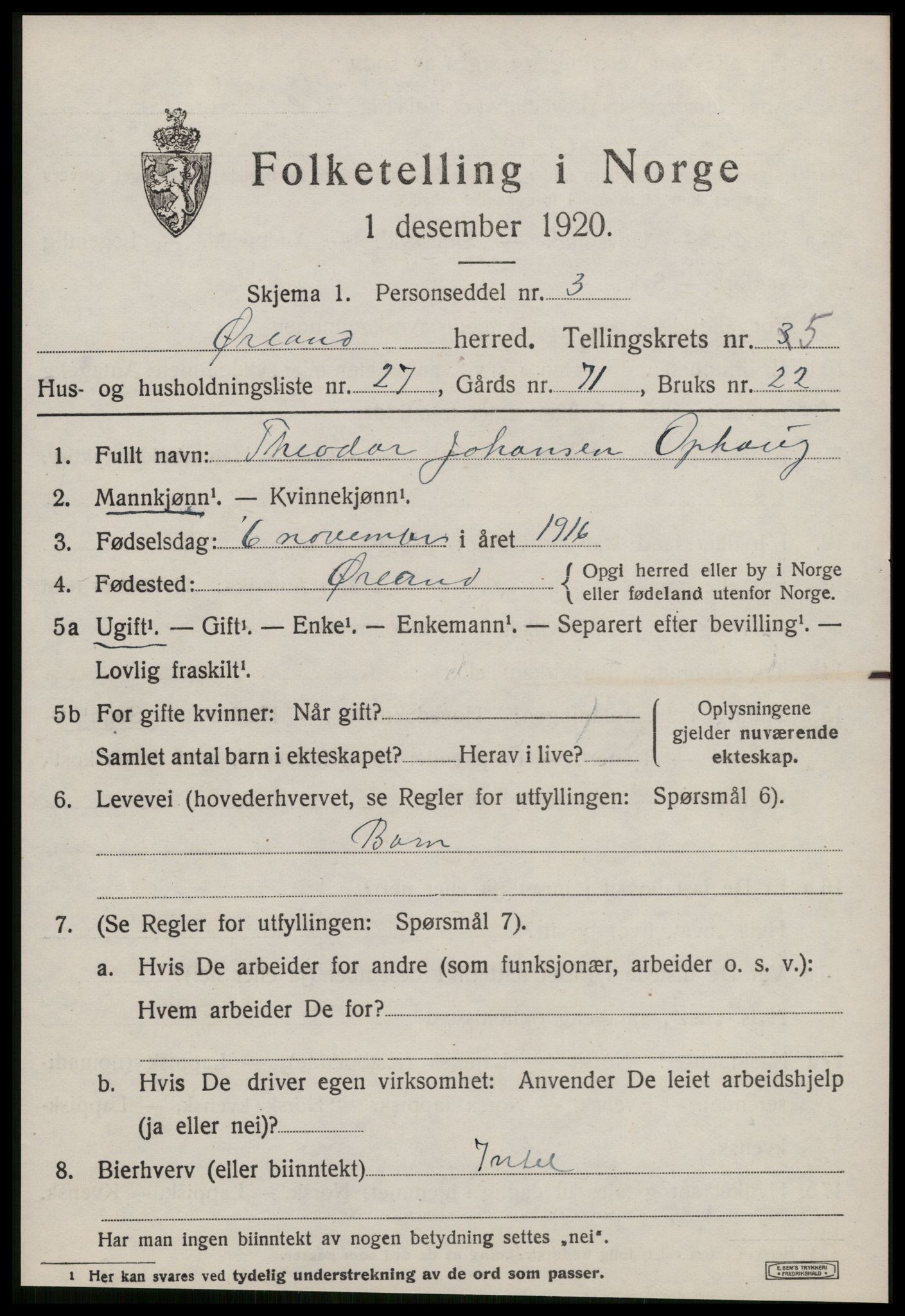 SAT, 1920 census for Ørland, 1920, p. 4773