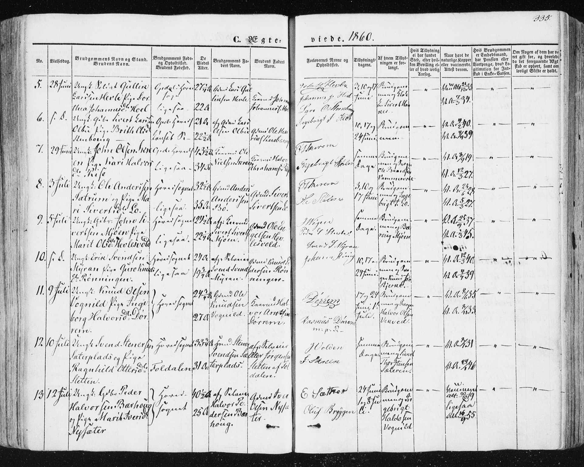 Ministerialprotokoller, klokkerbøker og fødselsregistre - Sør-Trøndelag, SAT/A-1456/678/L0899: Parish register (official) no. 678A08, 1848-1872, p. 335