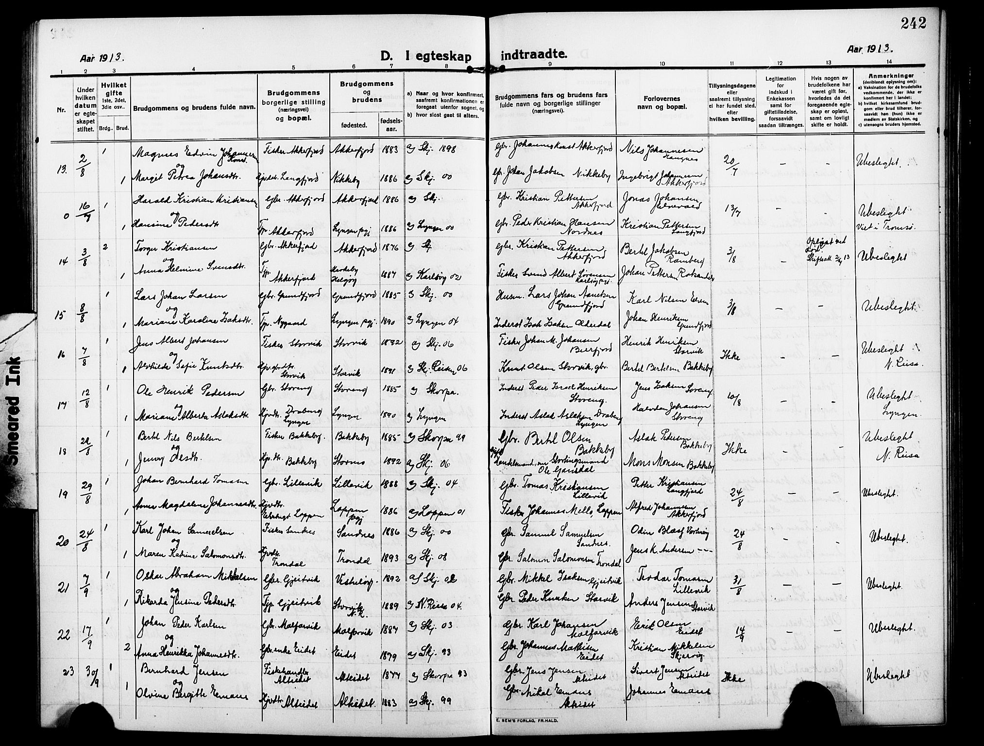 Skjervøy sokneprestkontor, AV/SATØ-S-1300/H/Ha/Hab/L0009klokker: Parish register (copy) no. 9, 1911-1926, p. 242