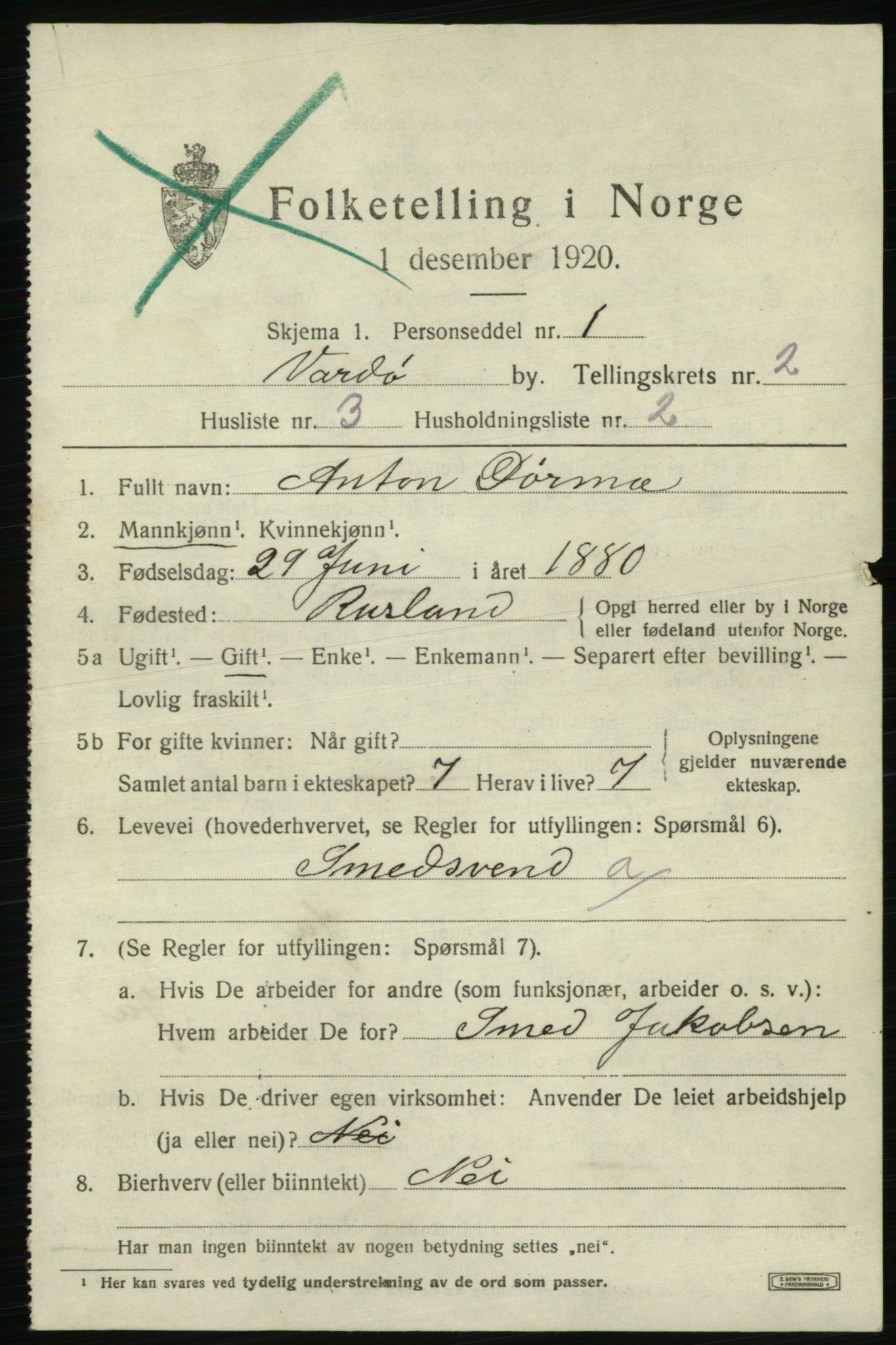 SATØ, 1920 census for Vardø, 1920, p. 5646