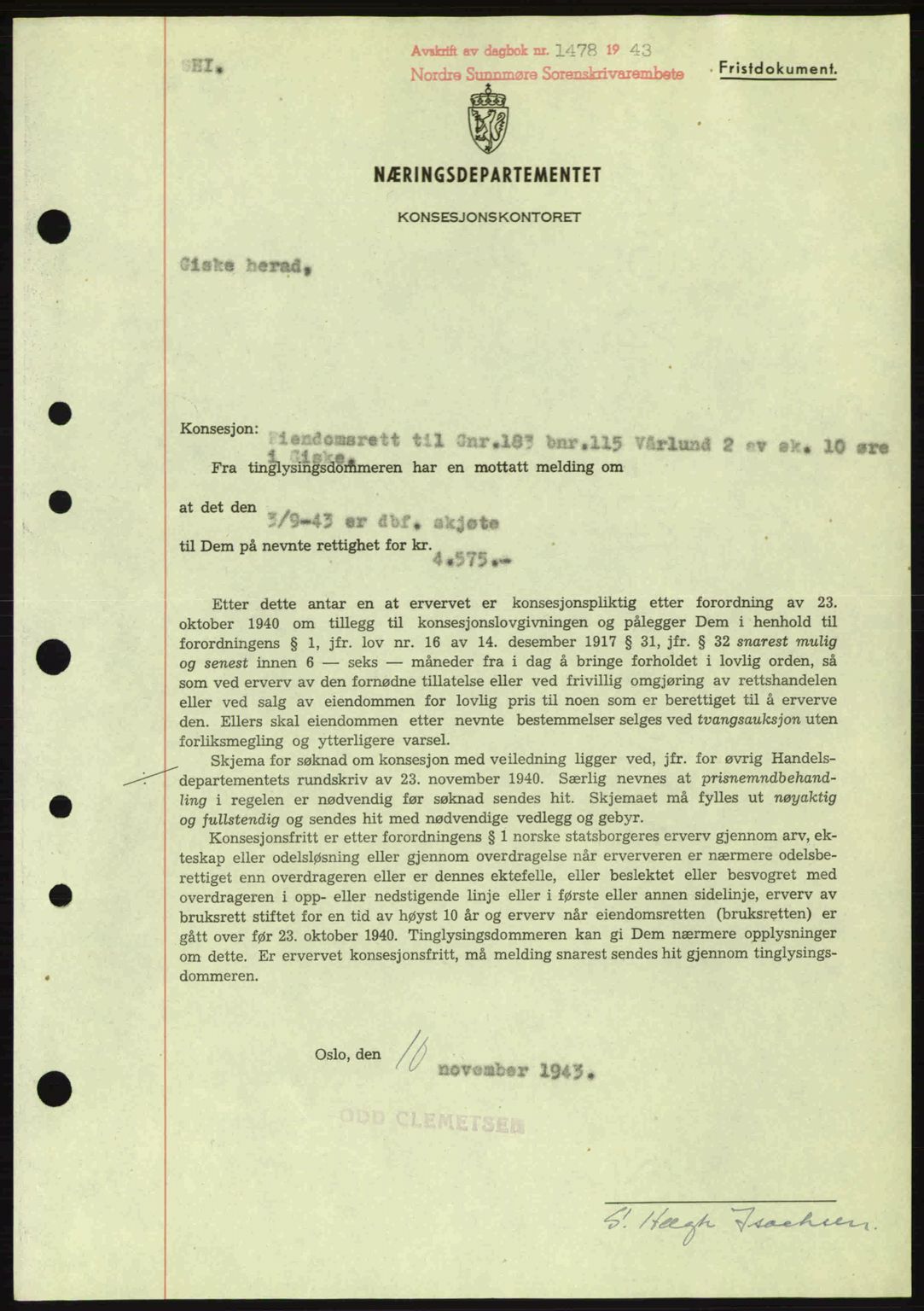 Nordre Sunnmøre sorenskriveri, SAT/A-0006/1/2/2C/2Ca: Mortgage book no. B6-14 a, 1942-1945, Diary no: : 1478/1943
