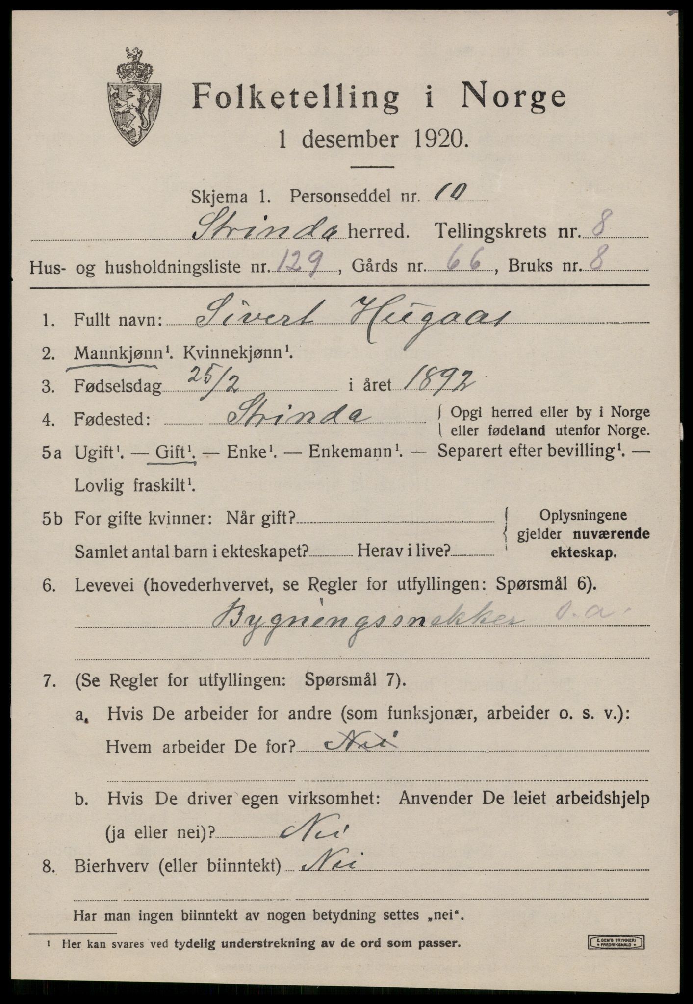 SAT, 1920 census for Strinda, 1920, p. 22212