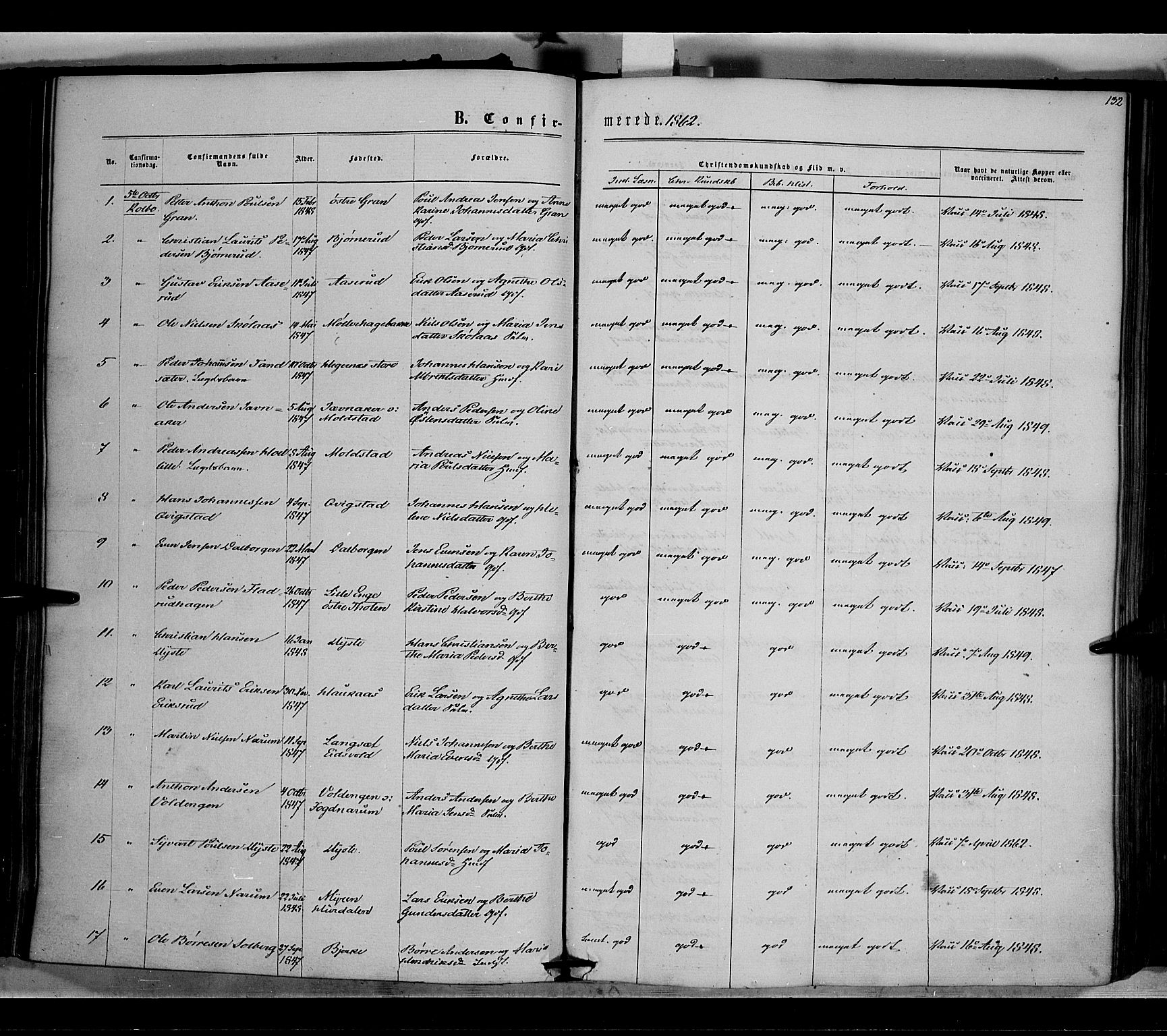 Vestre Toten prestekontor, SAH/PREST-108/H/Ha/Haa/L0007: Parish register (official) no. 7, 1862-1869, p. 132