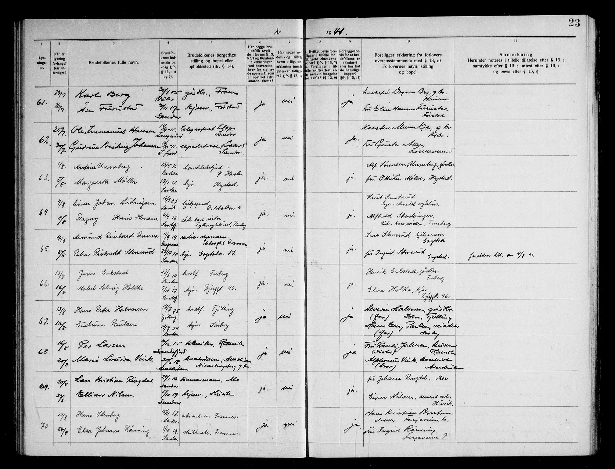 Sandar kirkebøker, AV/SAKO-A-243/H/Ha/L0007: Banns register no. 7, 1939-1949, p. 23