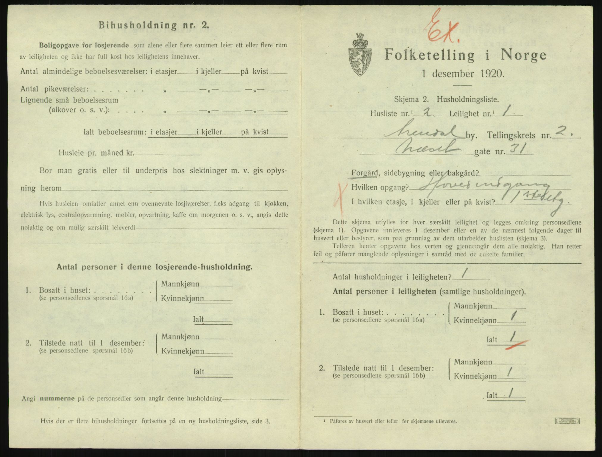 SAK, 1920 census for Arendal, 1920, p. 4134