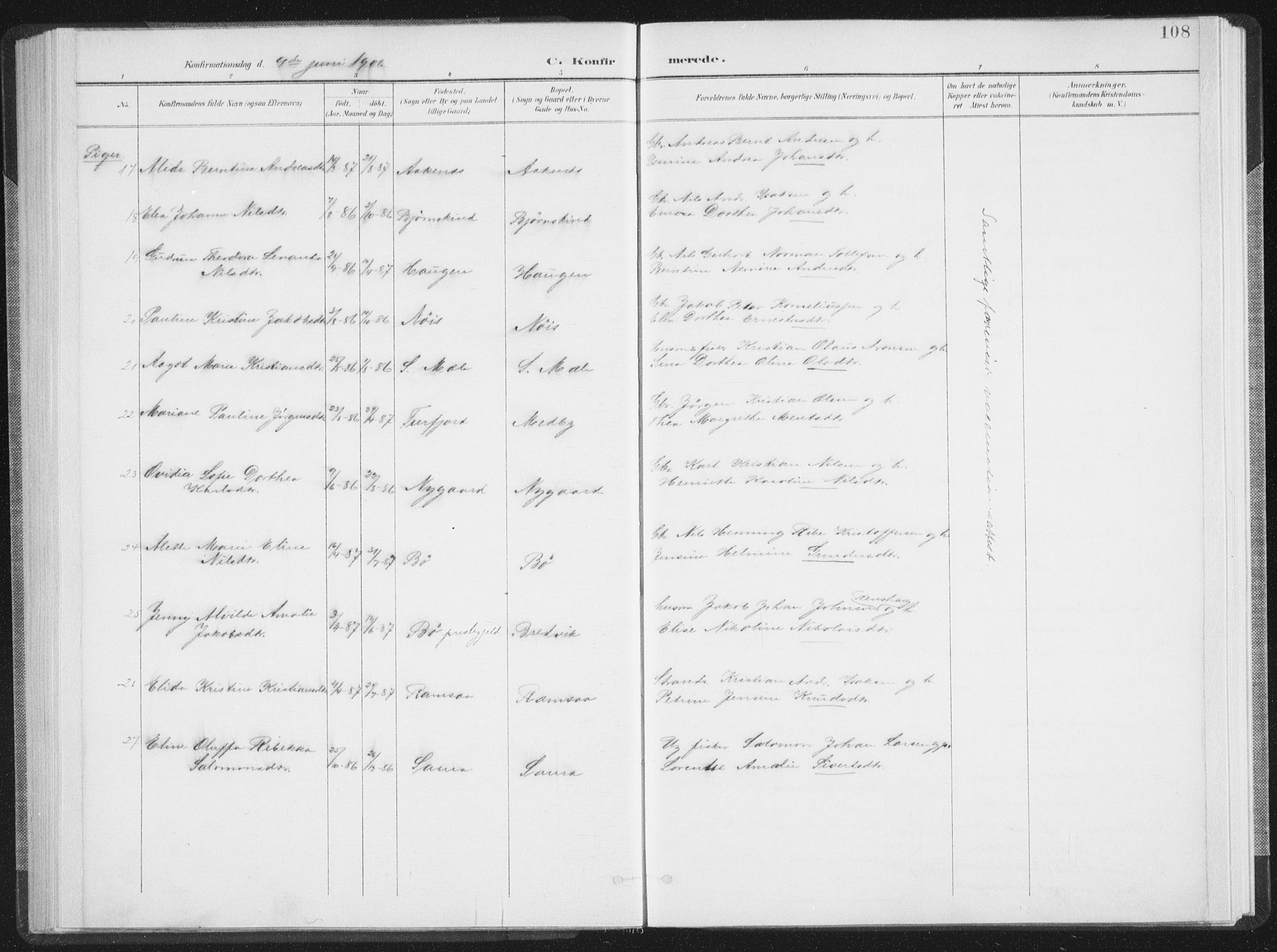 Ministerialprotokoller, klokkerbøker og fødselsregistre - Nordland, AV/SAT-A-1459/897/L1400: Parish register (official) no. 897A07, 1897-1908, p. 108