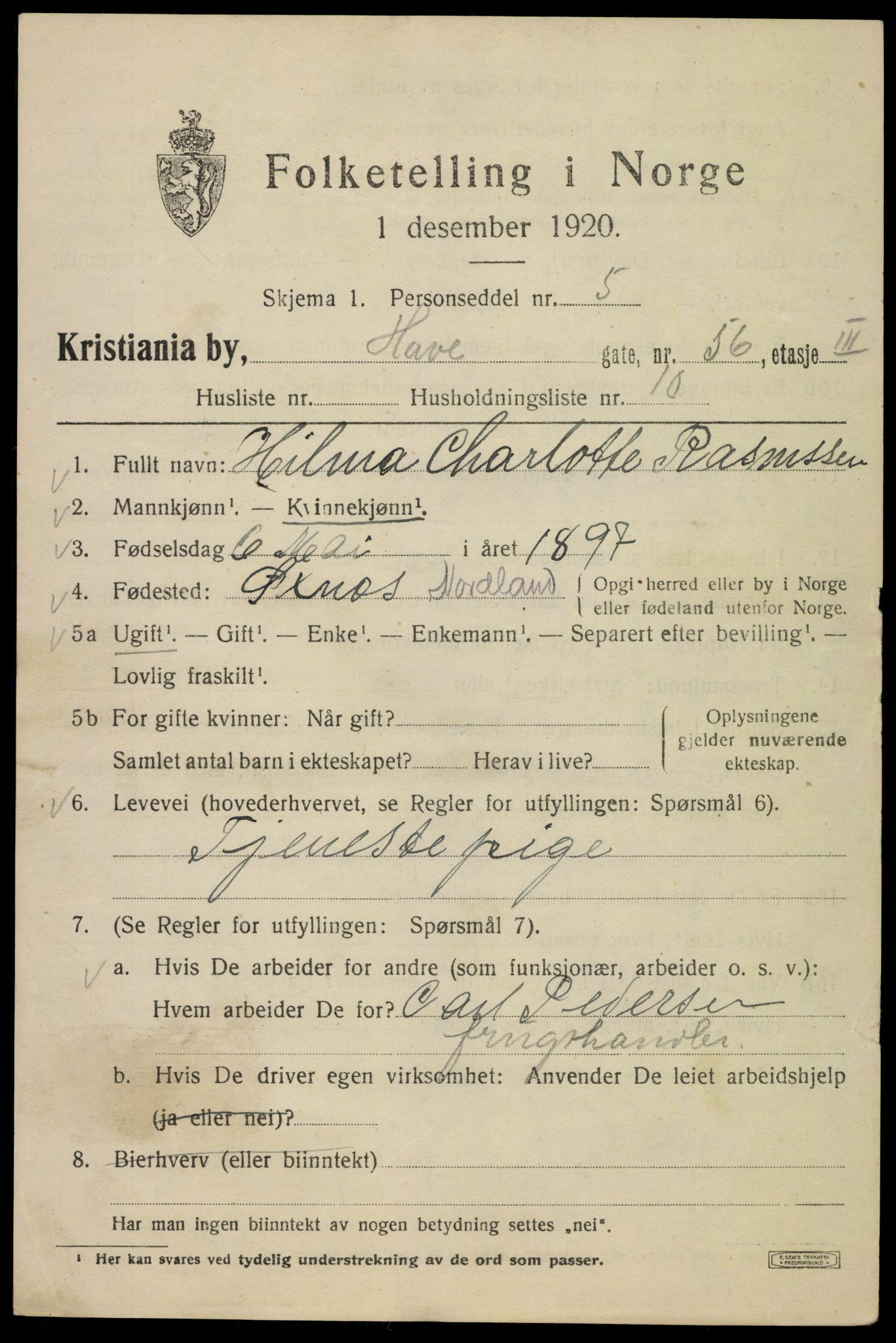 SAO, 1920 census for Kristiania, 1920, p. 276487