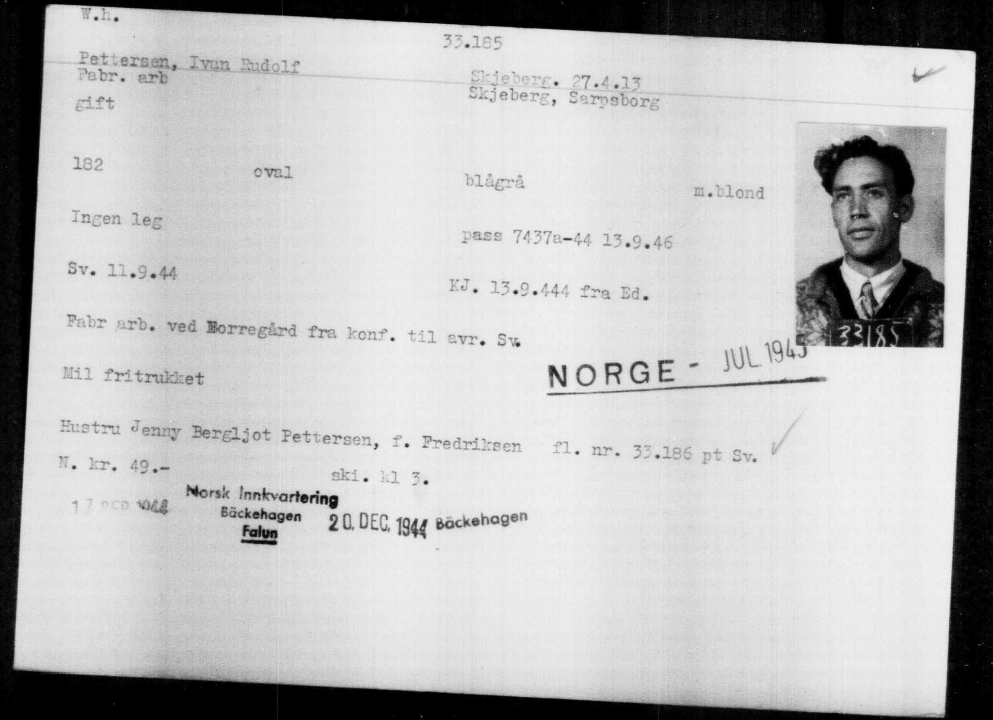Utenriksstasjonene, Legasjonen i Stockholm, Flyktningkontoret, AV/RA-S-6753/V/Va/L0013: Kjesäterkartoteket, flyktninger med registreringsnr. 31500-34731, 1940-1945, p. 1771
