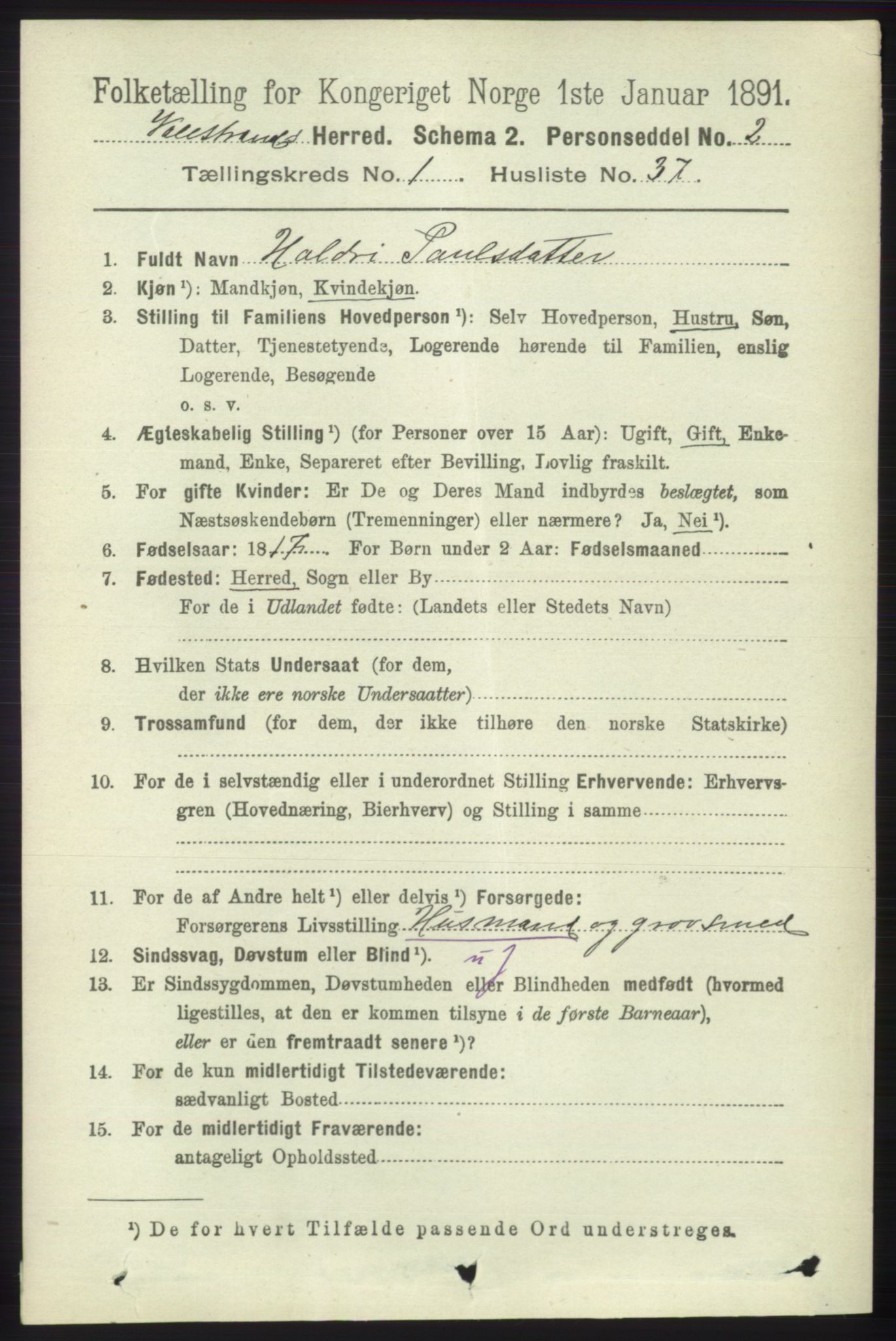 RA, 1891 census for 1217 Valestrand, 1891, p. 258