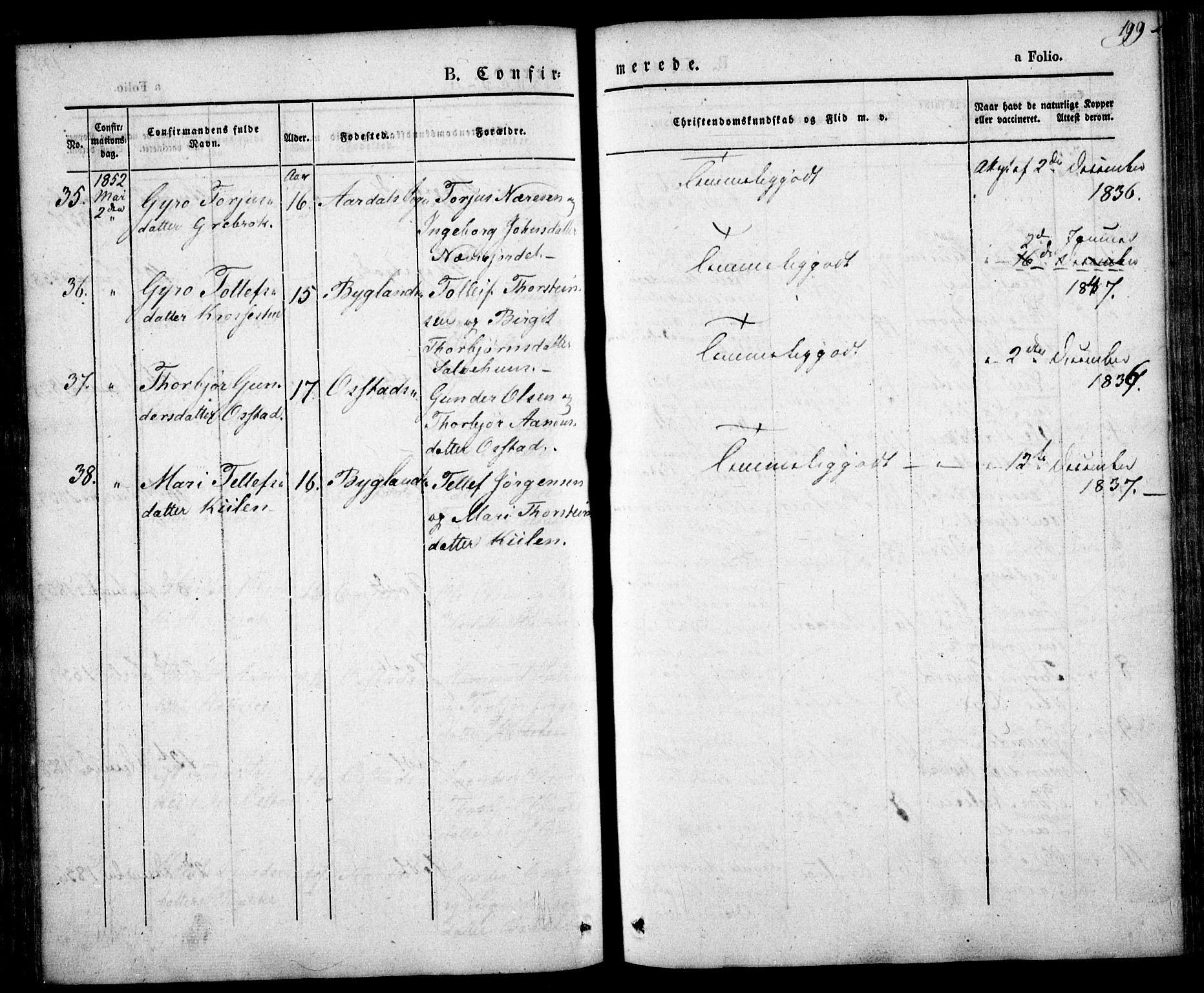 Bygland sokneprestkontor, AV/SAK-1111-0006/F/Fa/Fab/L0004: Parish register (official) no. A 4, 1842-1858, p. 199