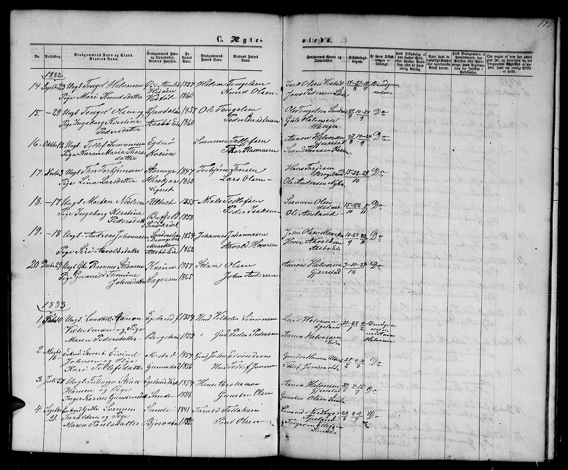 Gjerstad sokneprestkontor, AV/SAK-1111-0014/F/Fb/Fba/L0006: Parish register (copy) no. B 6, 1868-1890, p. 145