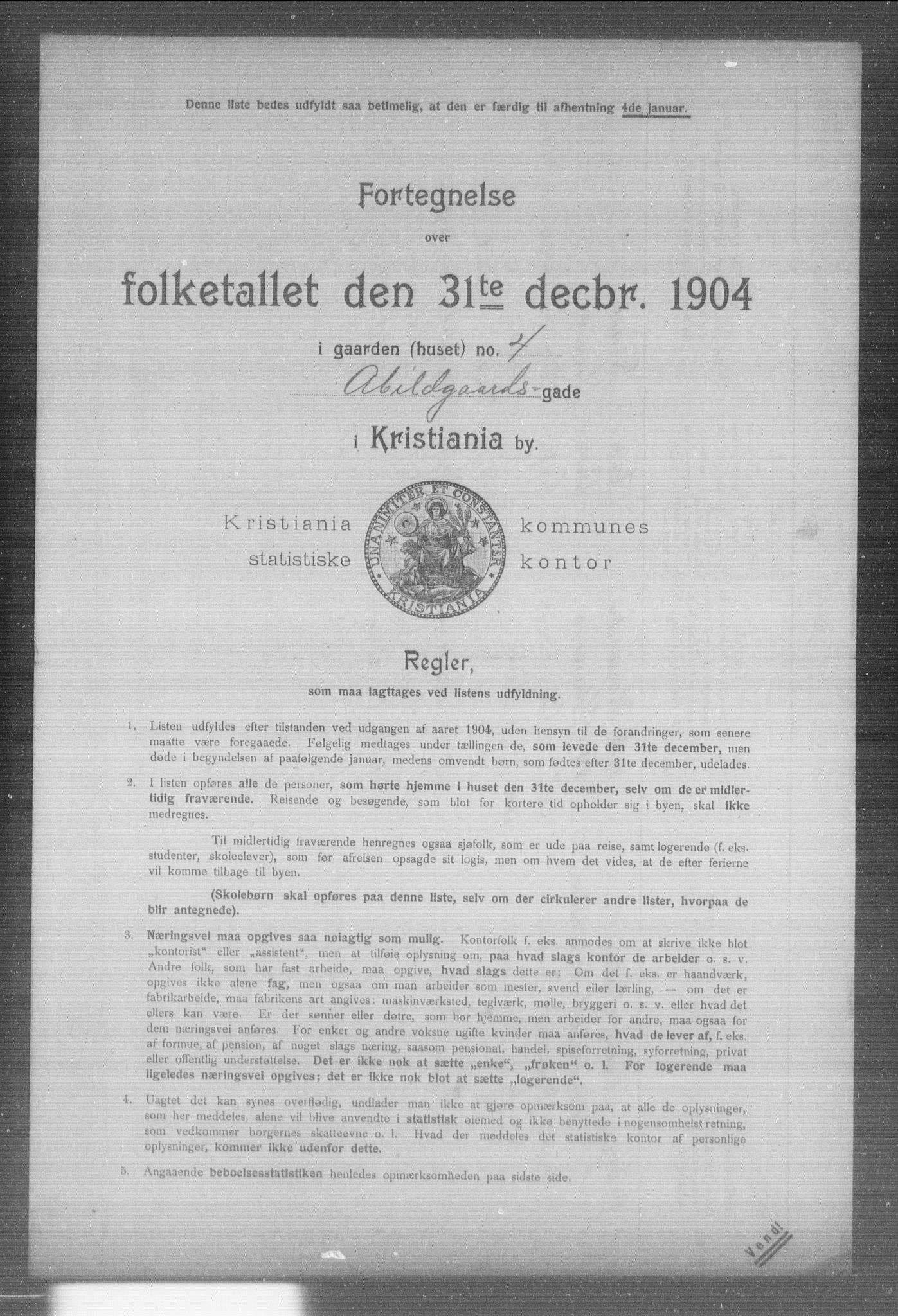 OBA, Municipal Census 1904 for Kristiania, 1904, p. 5