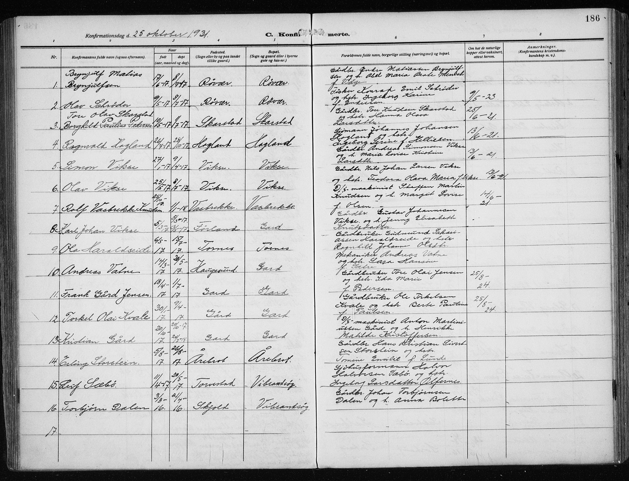 Haugesund sokneprestkontor, AV/SAST-A -101863/H/Ha/Haa/L0010: Parish register (official) no. A 10, 1909-1935, p. 186