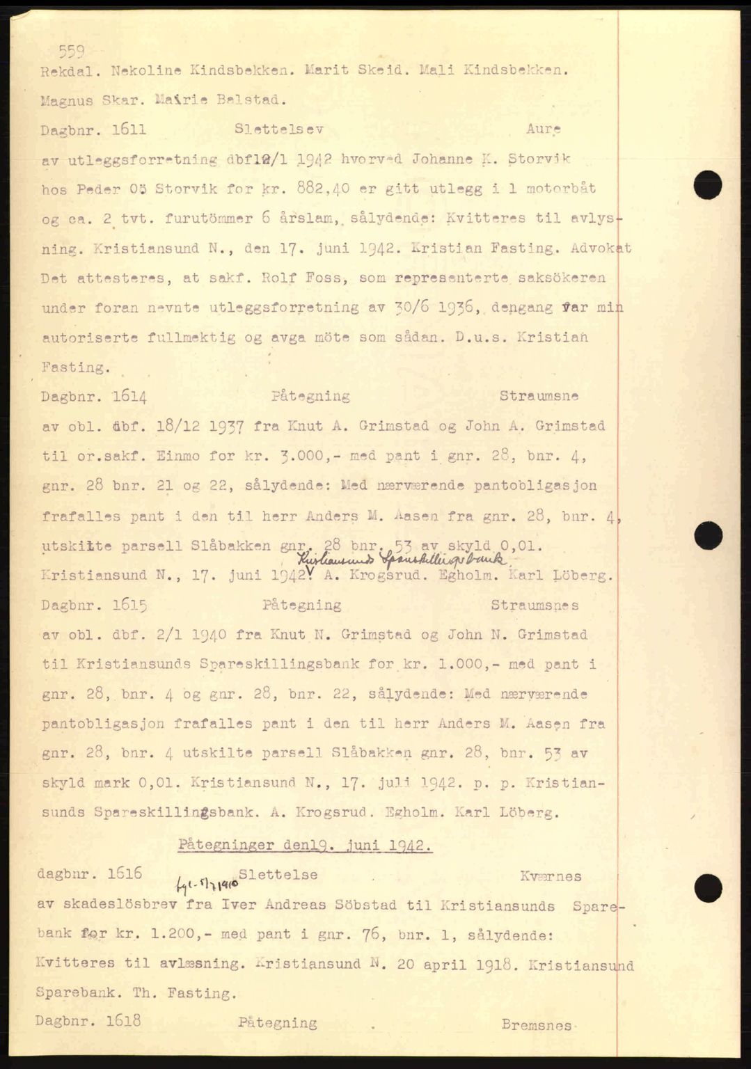 Nordmøre sorenskriveri, AV/SAT-A-4132/1/2/2Ca: Mortgage book no. C81, 1940-1945, Diary no: : 1611/1942