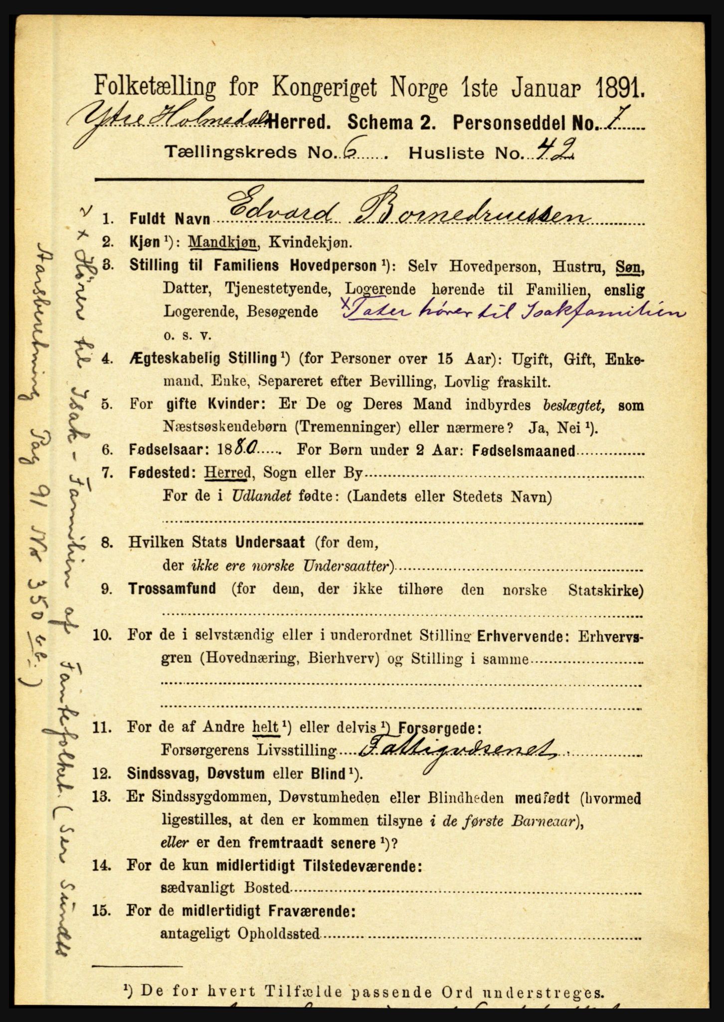 RA, 1891 census for 1429 Ytre Holmedal, 1891, p. 1565