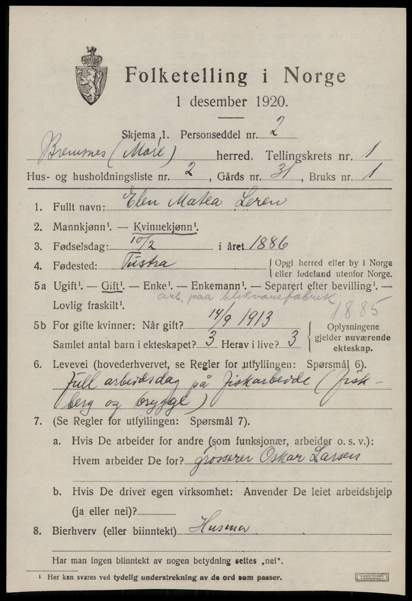 SAT, 1920 census for Bremsnes, 1920, p. 1491