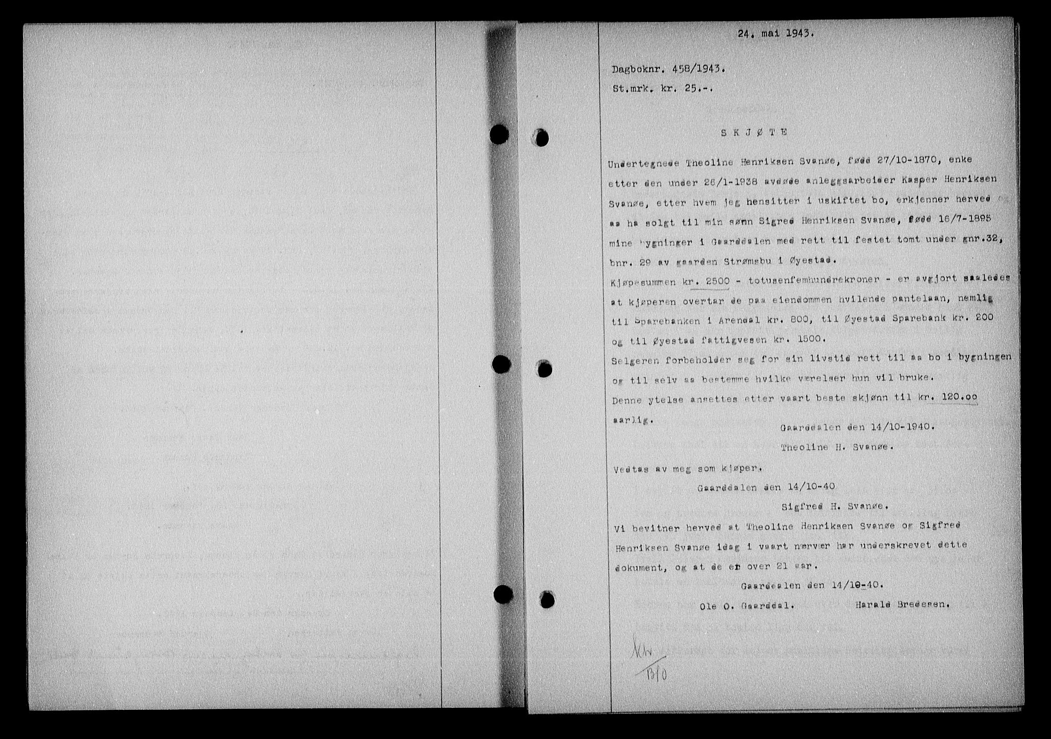 Nedenes sorenskriveri, SAK/1221-0006/G/Gb/Gba/L0050: Mortgage book no. A-IV, 1942-1943, Diary no: : 458/1943