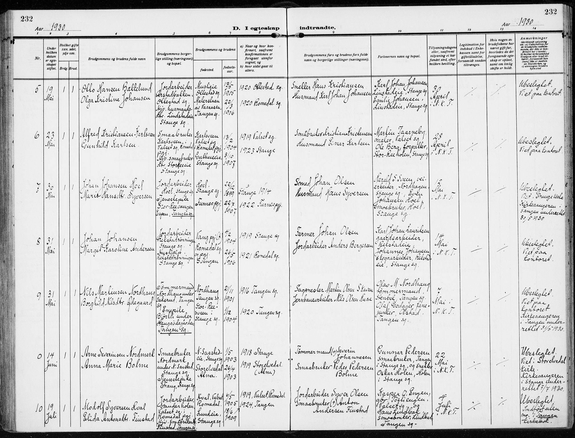 Stange prestekontor, AV/SAH-PREST-002/K/L0026: Parish register (official) no. 26, 1923-1937, p. 232