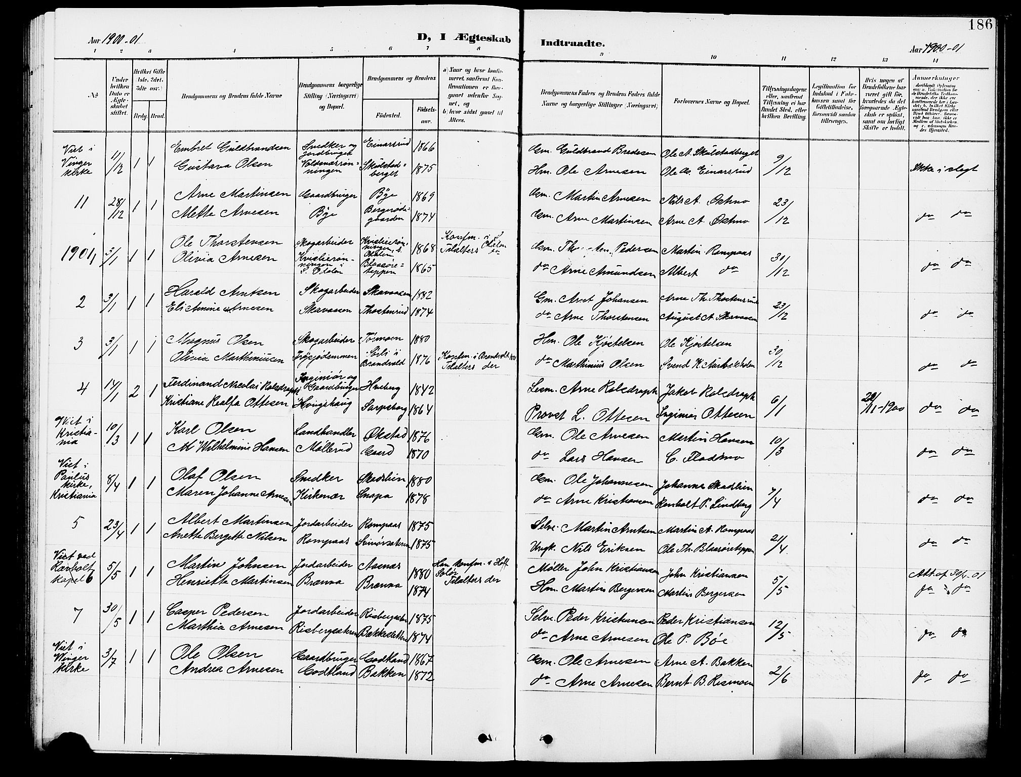 Grue prestekontor, SAH/PREST-036/H/Ha/Hab/L0005: Parish register (copy) no. 5, 1900-1909, p. 186