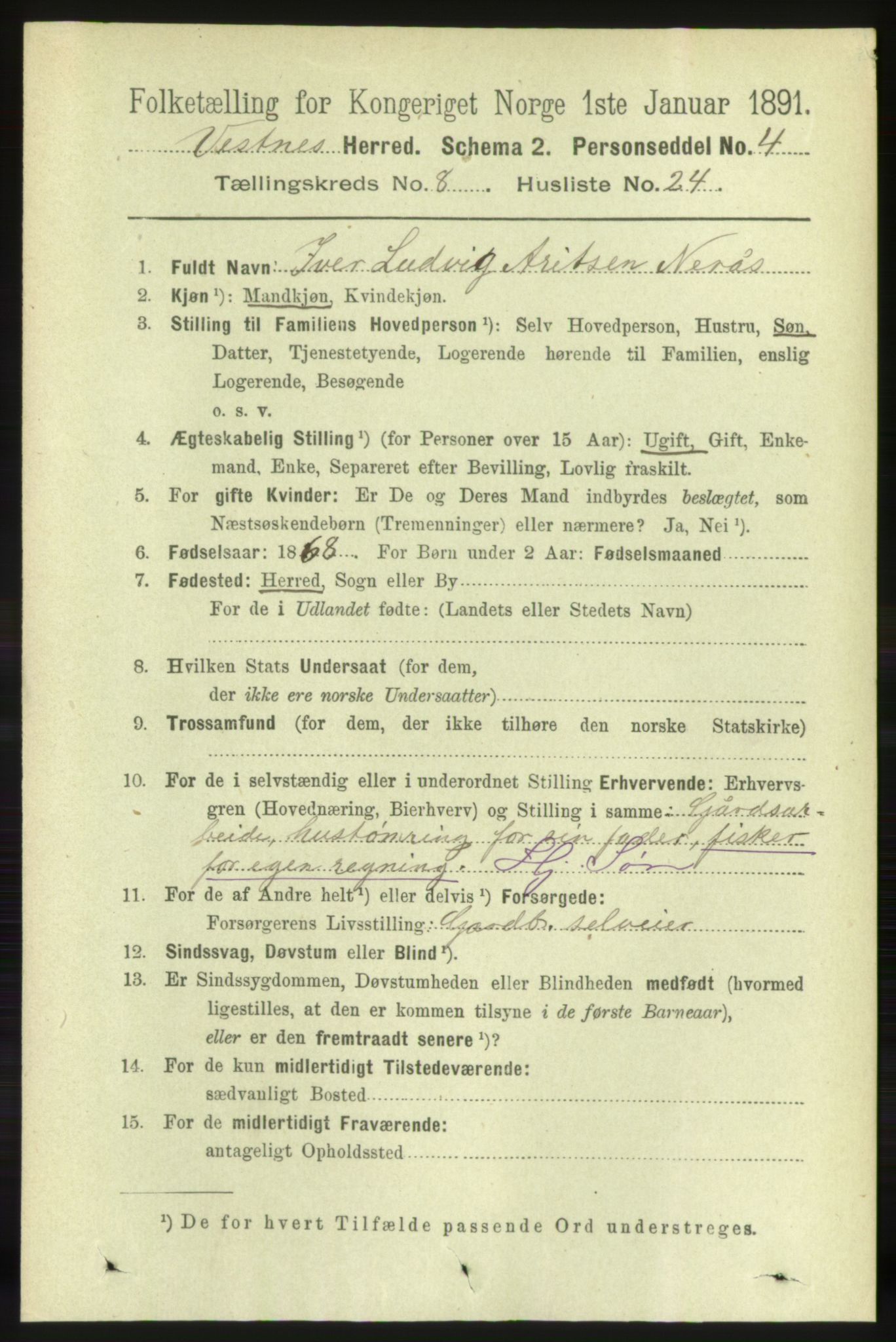 RA, 1891 census for 1535 Vestnes, 1891, p. 3286