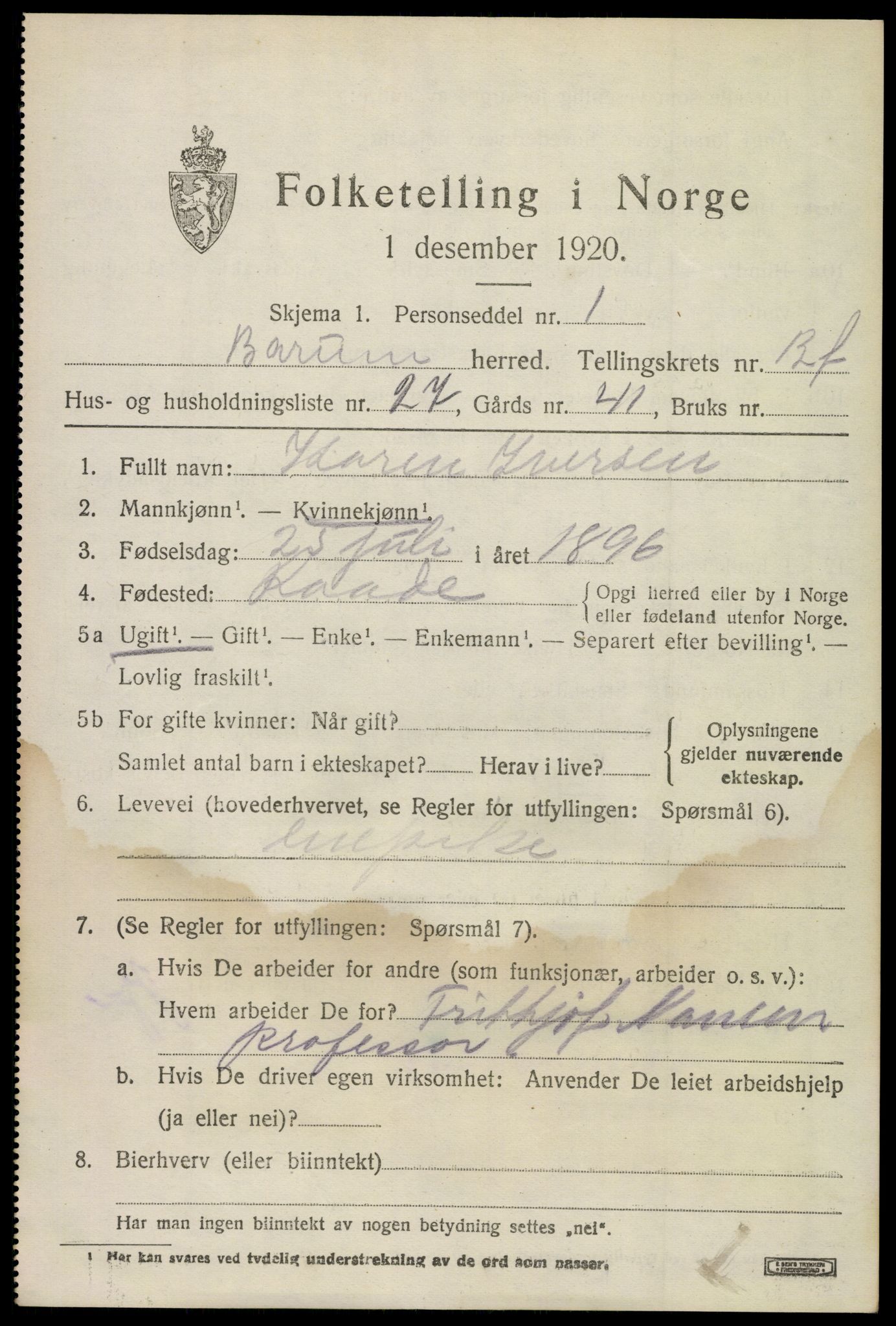 SAO, 1920 census for Bærum, 1920, p. 33016