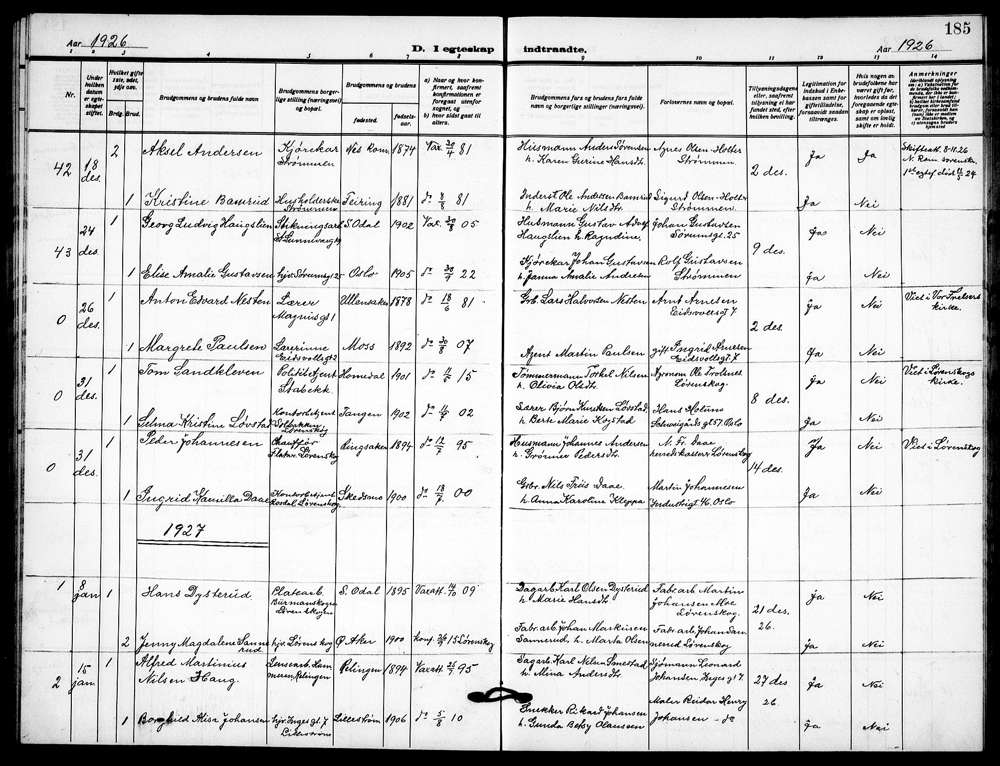 Skedsmo prestekontor Kirkebøker, AV/SAO-A-10033a/G/Gc/L0003: Parish register (copy) no. III 3, 1926-1939, p. 185