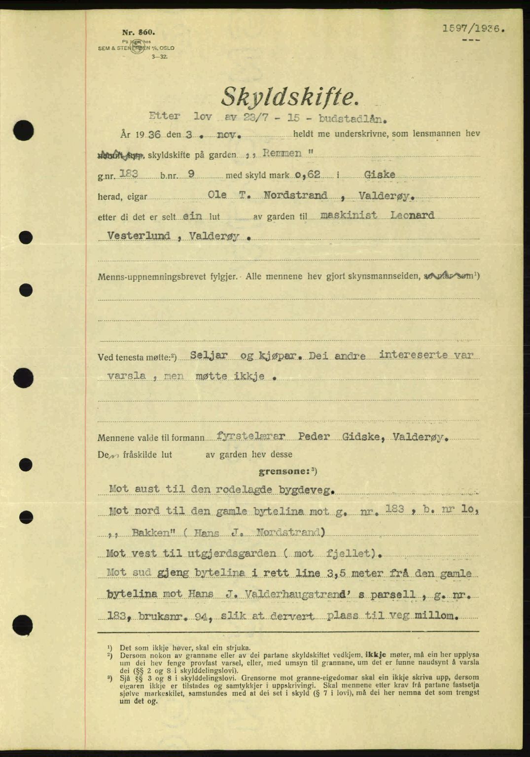 Nordre Sunnmøre sorenskriveri, AV/SAT-A-0006/1/2/2C/2Ca: Mortgage book no. A2, 1936-1937, Diary no: : 1597/1936