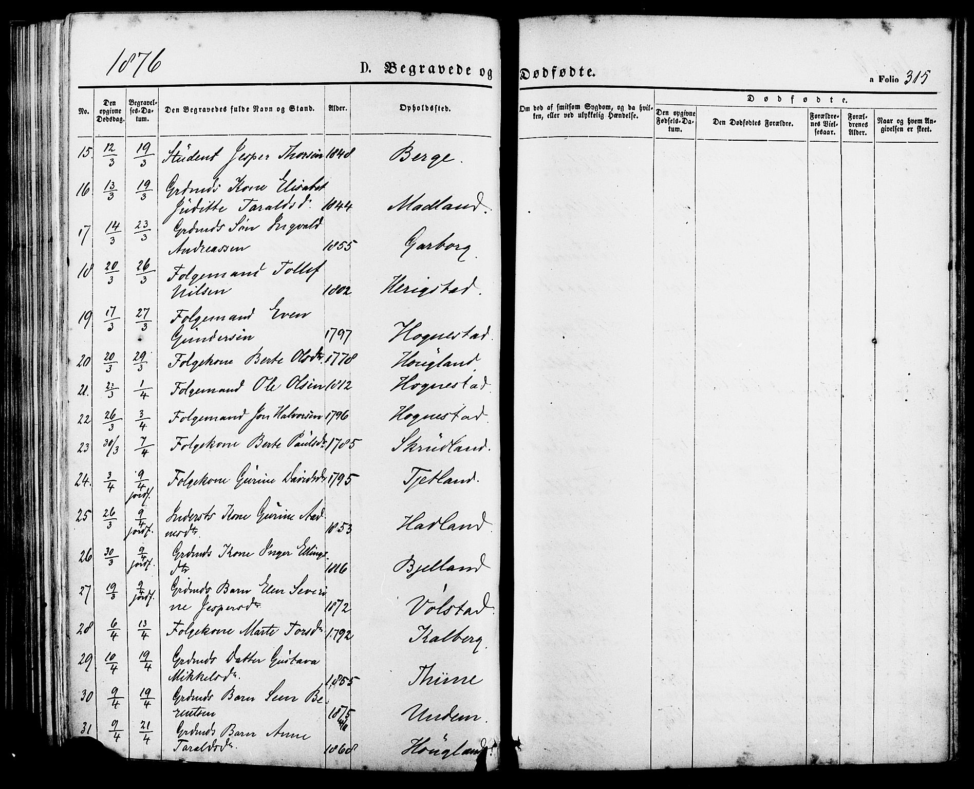 Lye sokneprestkontor, AV/SAST-A-101794/001/30BA/L0008: Parish register (official) no. A 7, 1872-1881, p. 315