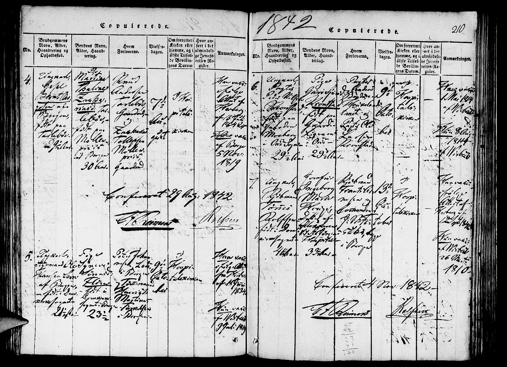 St. Jørgens hospital og Årstad sokneprestembete, AV/SAB-A-99934: Parish register (official) no. A 3, 1815-1843, p. 210