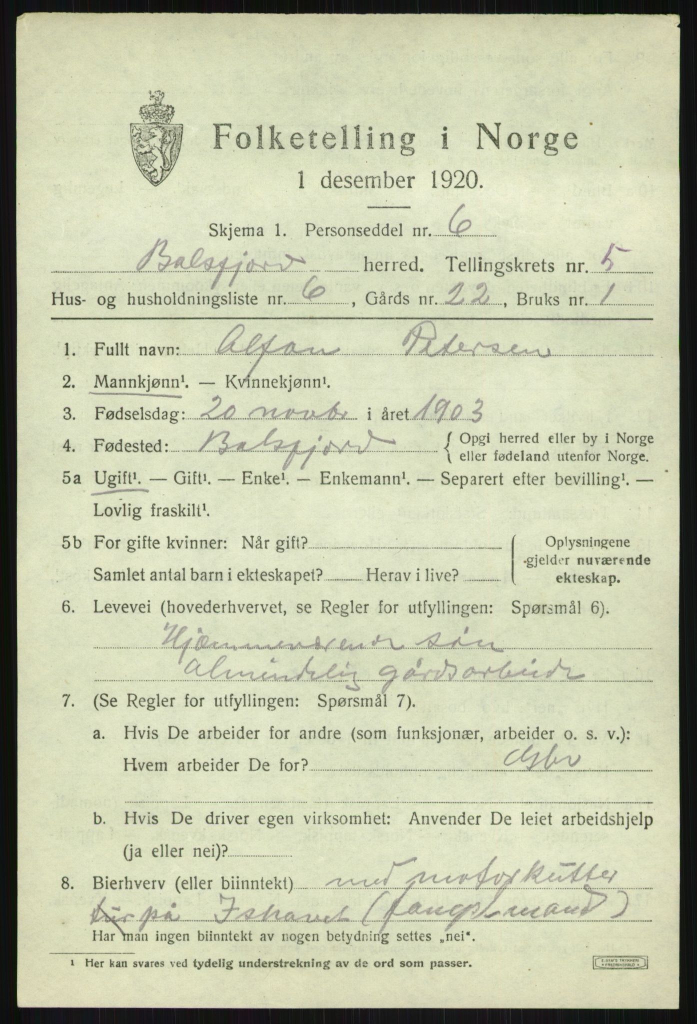 SATØ, 1920 census for Balsfjord, 1920, p. 3180