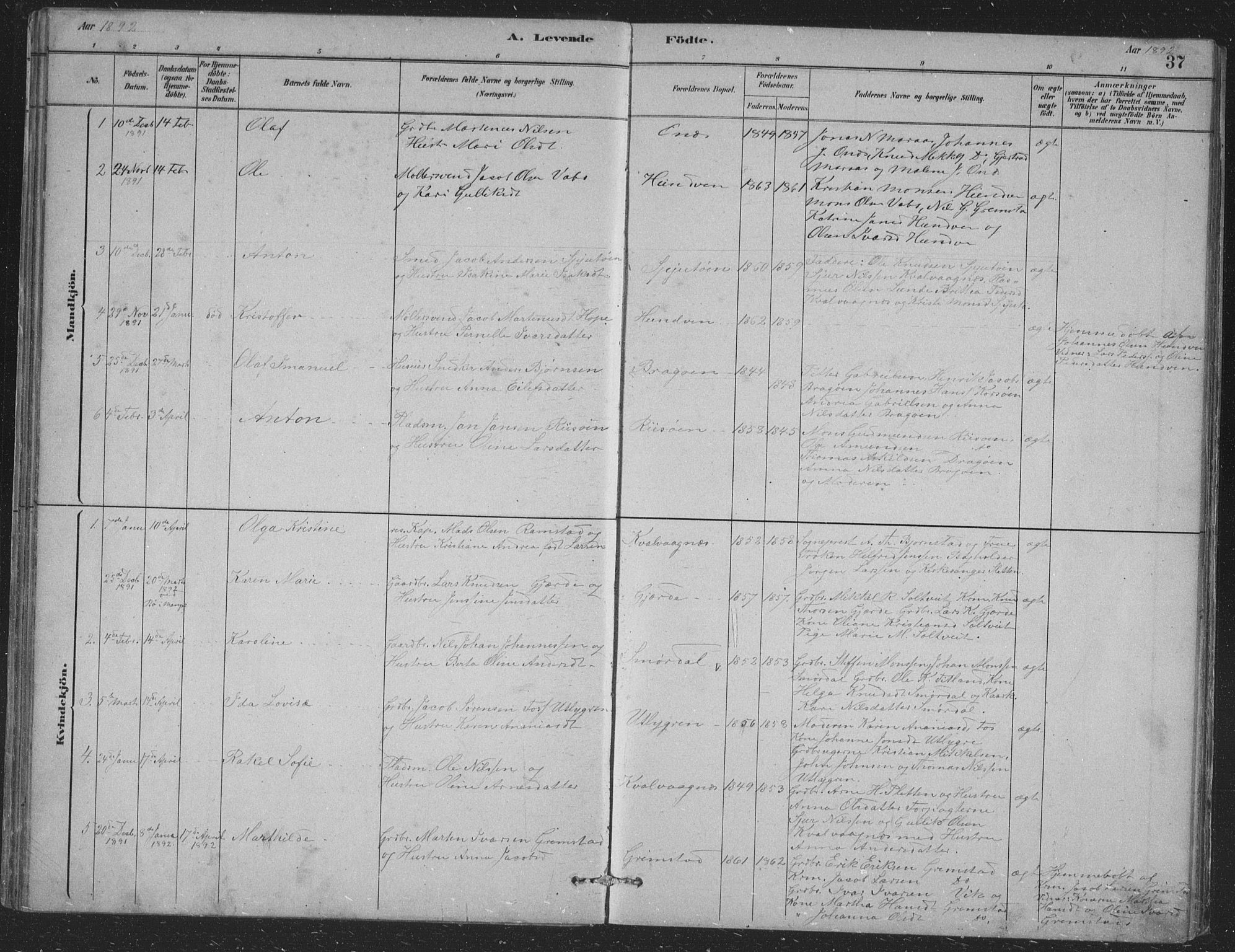 Alversund Sokneprestembete, SAB/A-73901/H/Ha/Hab: Parish register (copy) no. B 3, 1881-1896, p. 37